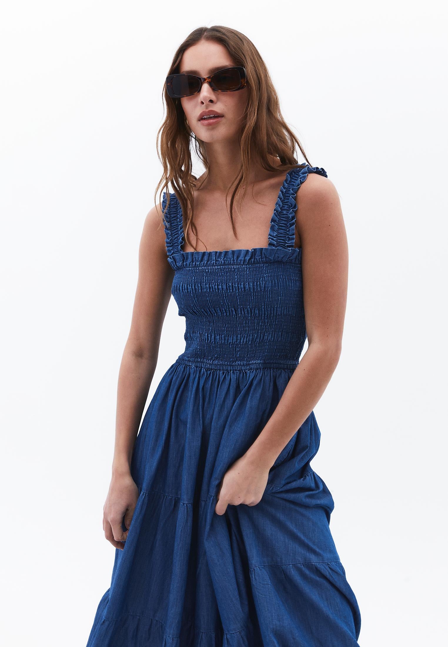 Long Dress With Straps And Square Neck With Smocked Details - MID BLUE DENIM