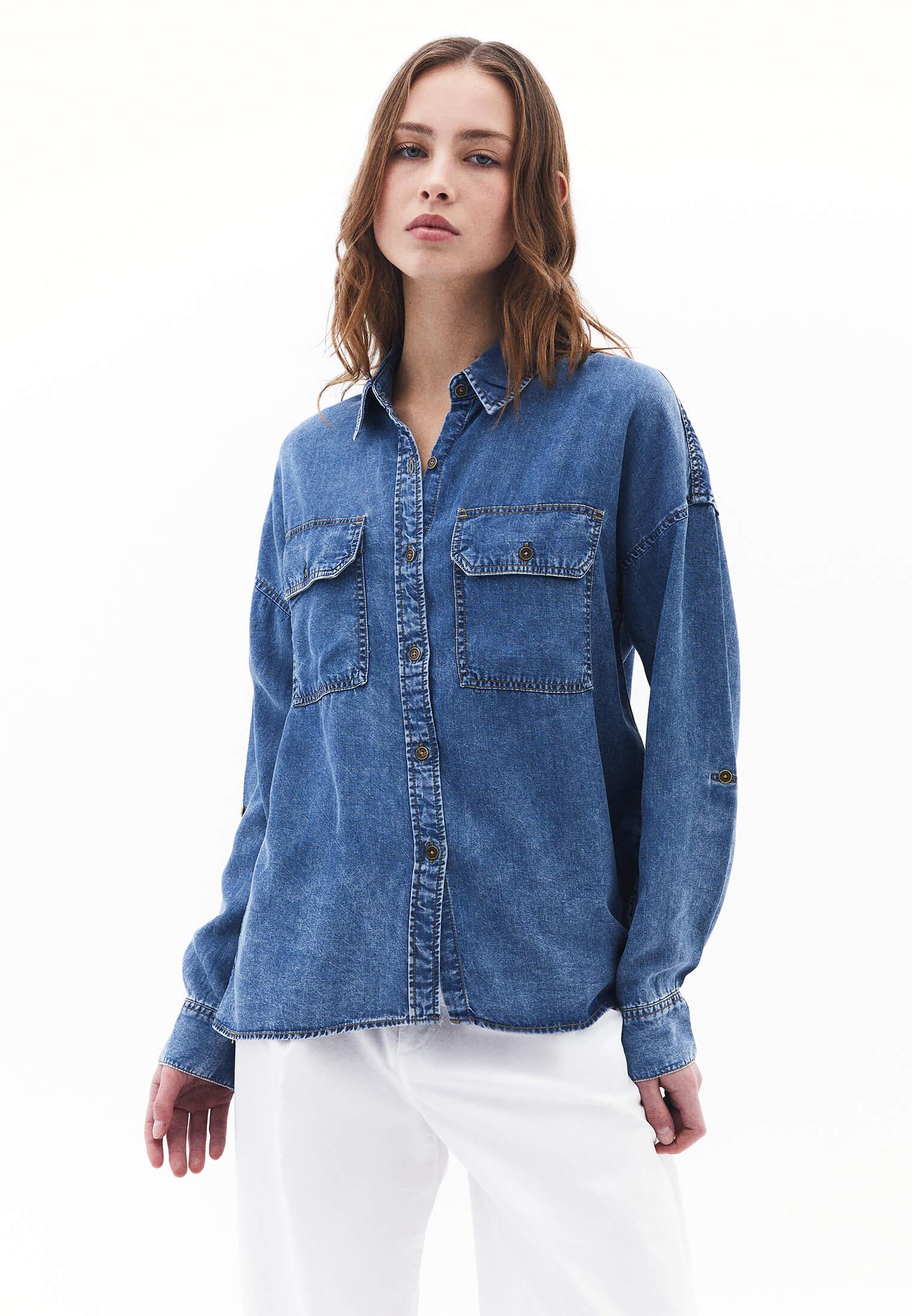 Long Sleeve Loose Fit Shirt With Pockets - MID BLUE DENIM