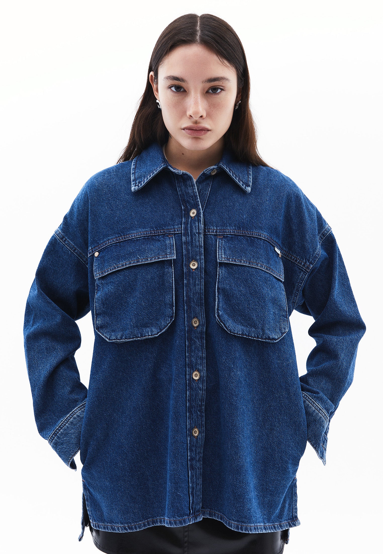Oversize Denim Shirt With Pocket Detail - MID BLUE DENIM