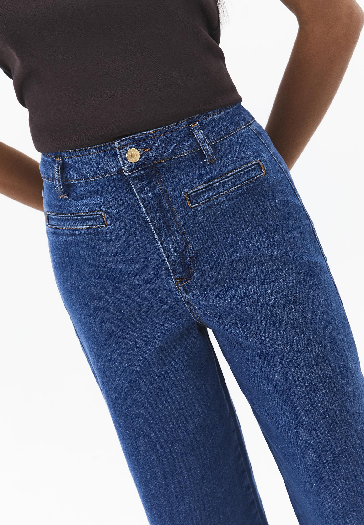 Ultra High Waist Wide Leg Cropped Pants - MID BLUE DENIM