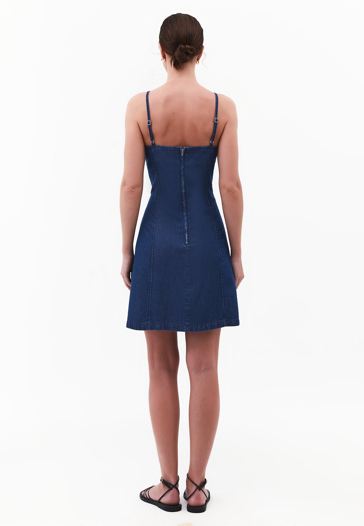 Square Neck Zipper Detail Dress - MID BLUE DENIM