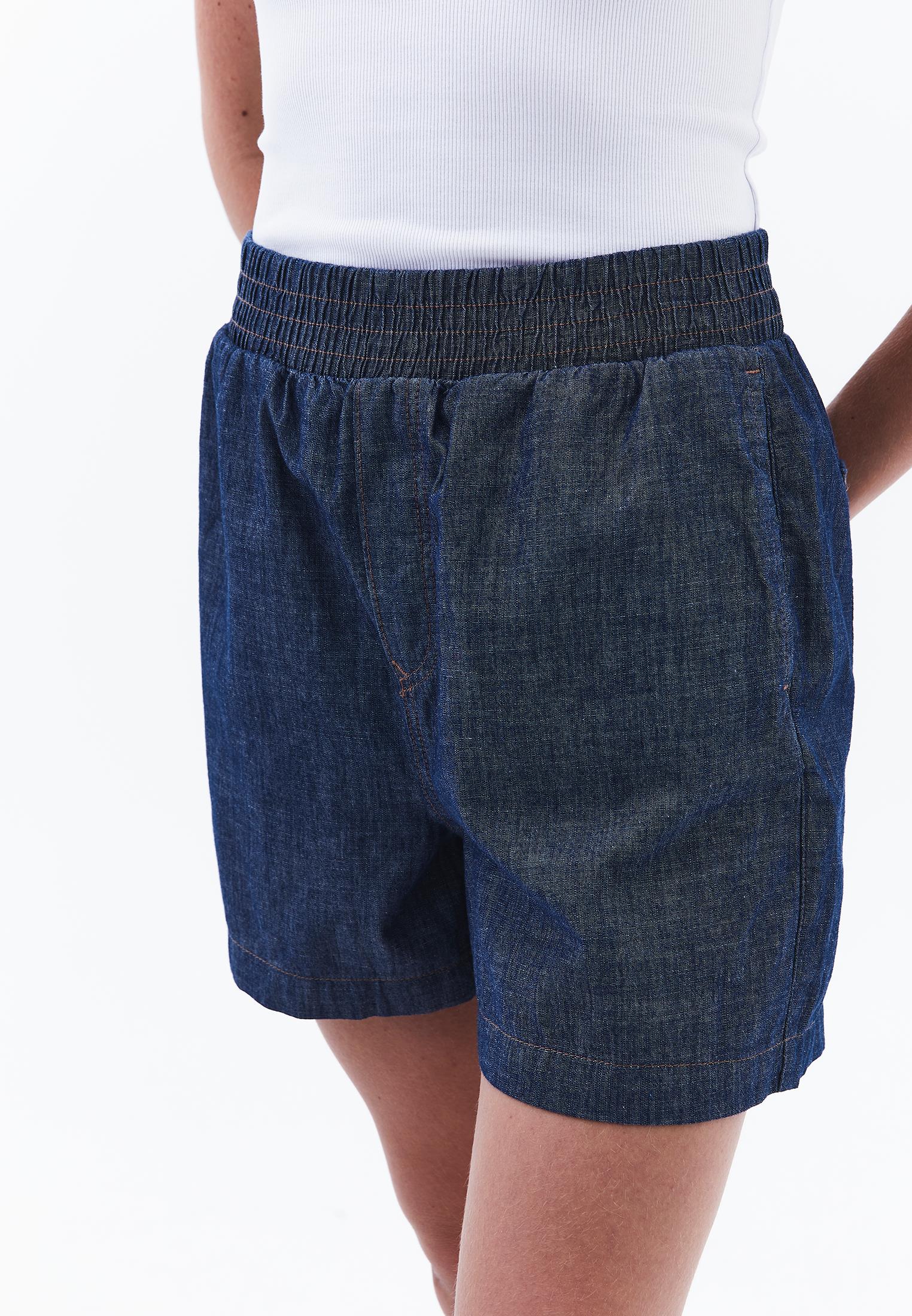 High Waist Elasticated Shorts - MID BLUE DENIM