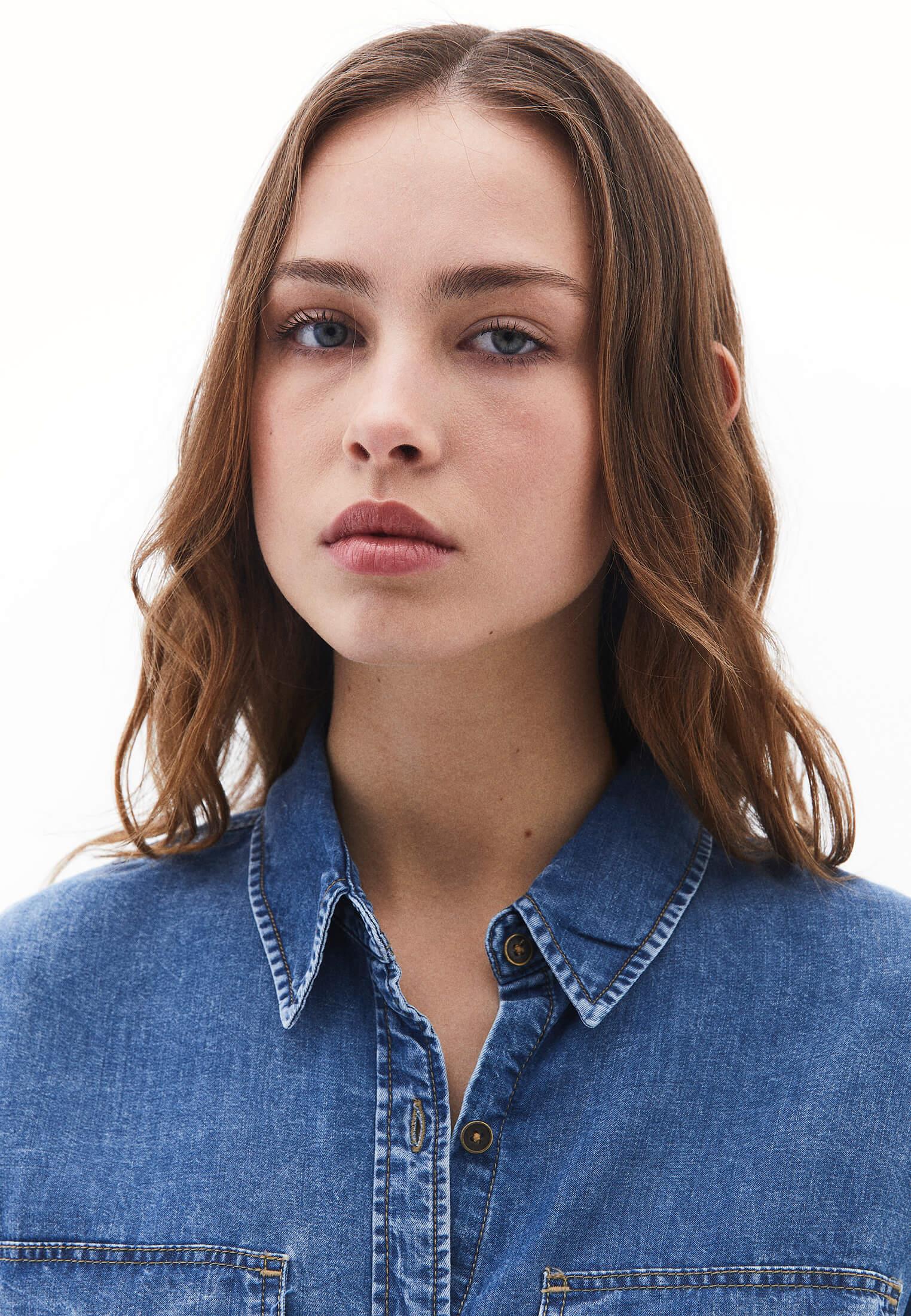 Long Sleeve Loose Fit Shirt With Pockets - MID BLUE DENIM