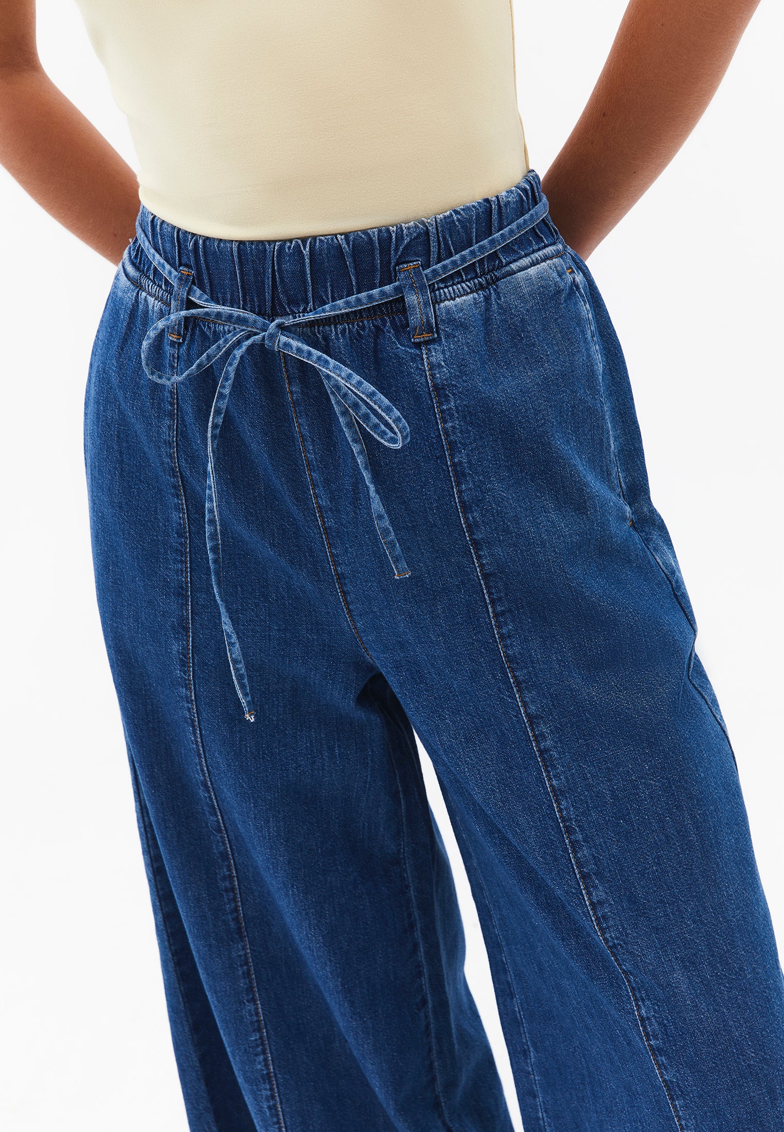 High Waist Cropped Culotte Denim Pants - MID BLUE DENIM