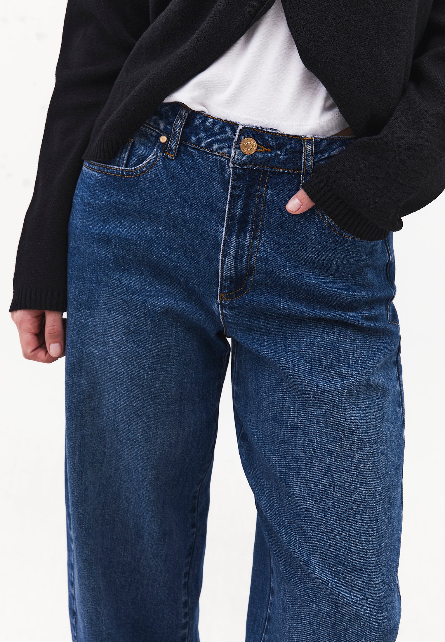 Barrel Leg Denim Pants - MID BLUE DENIM