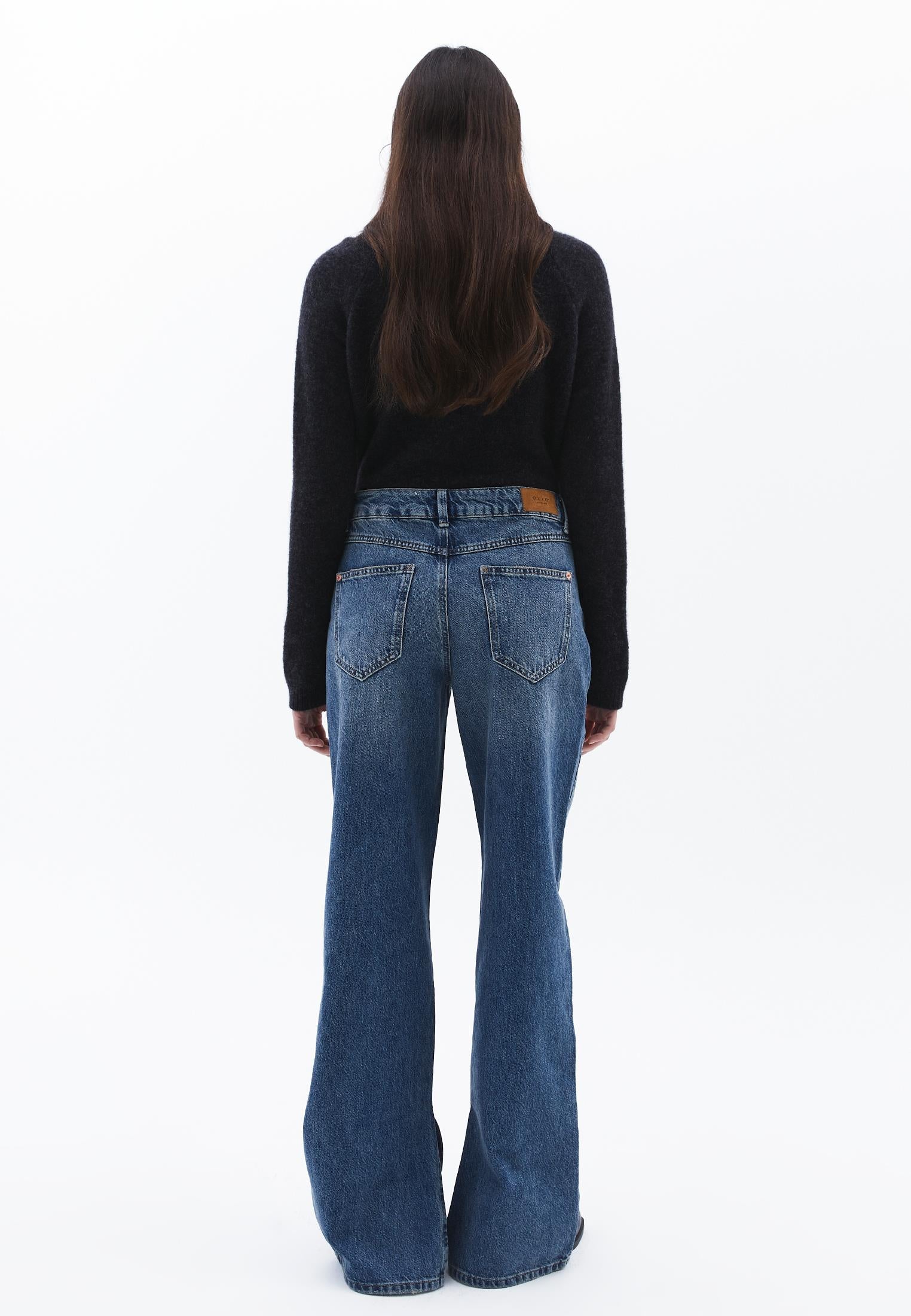Denim Fabric Straight Leg Pants - MID BLUE DENIM