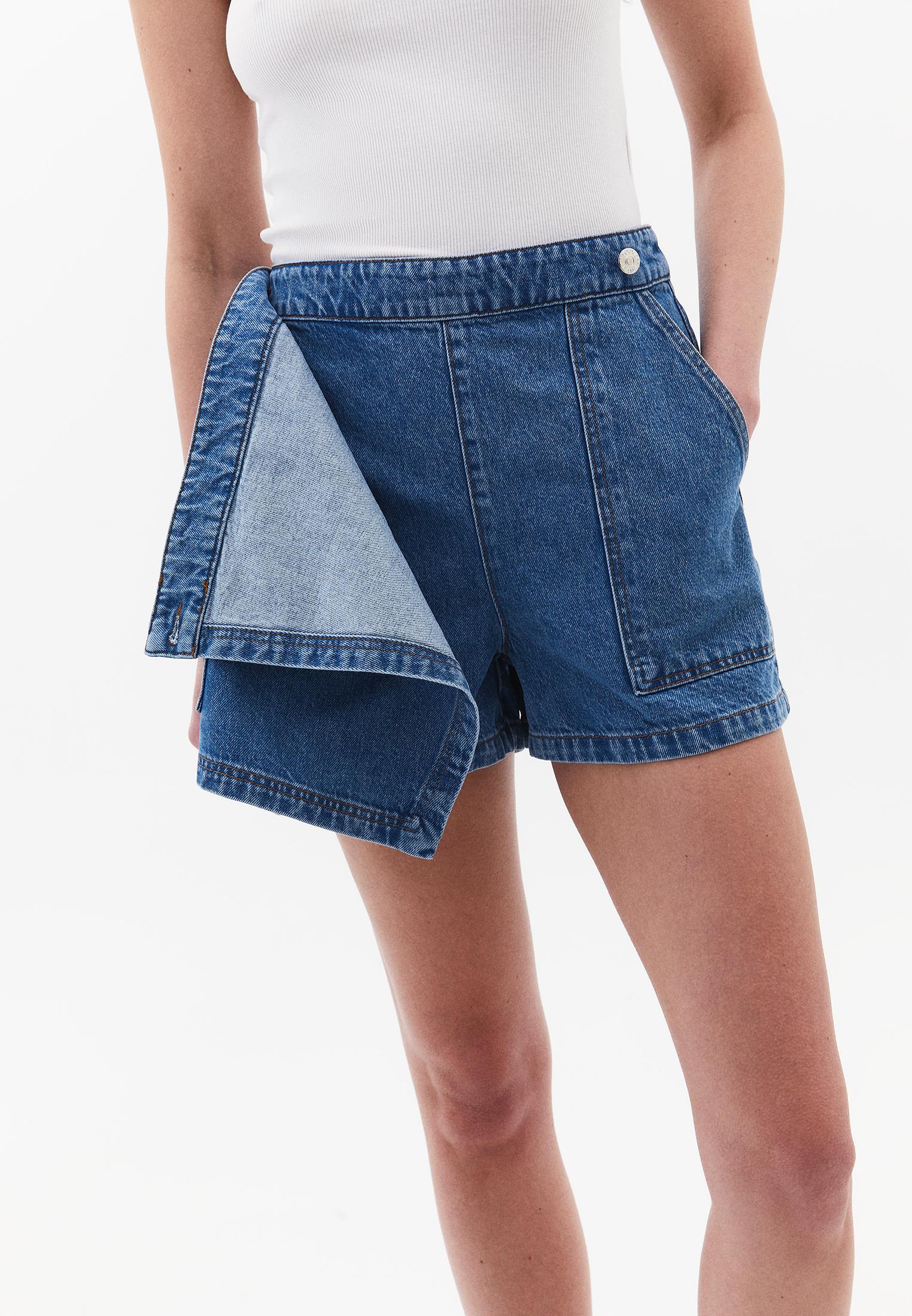High Waist A-Line Denim Shorts - MID BLUE DENIM