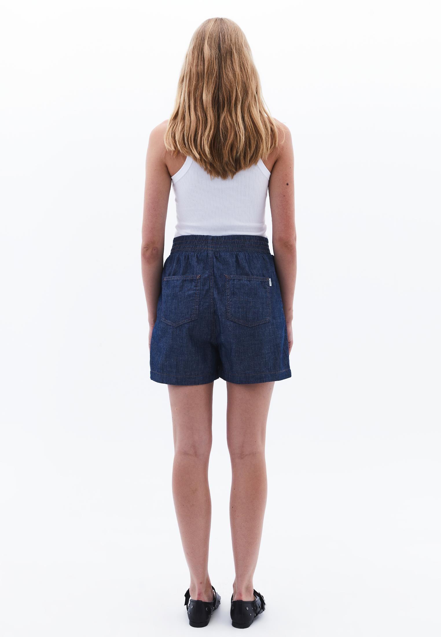 High Waist Elasticated Shorts - MID BLUE DENIM