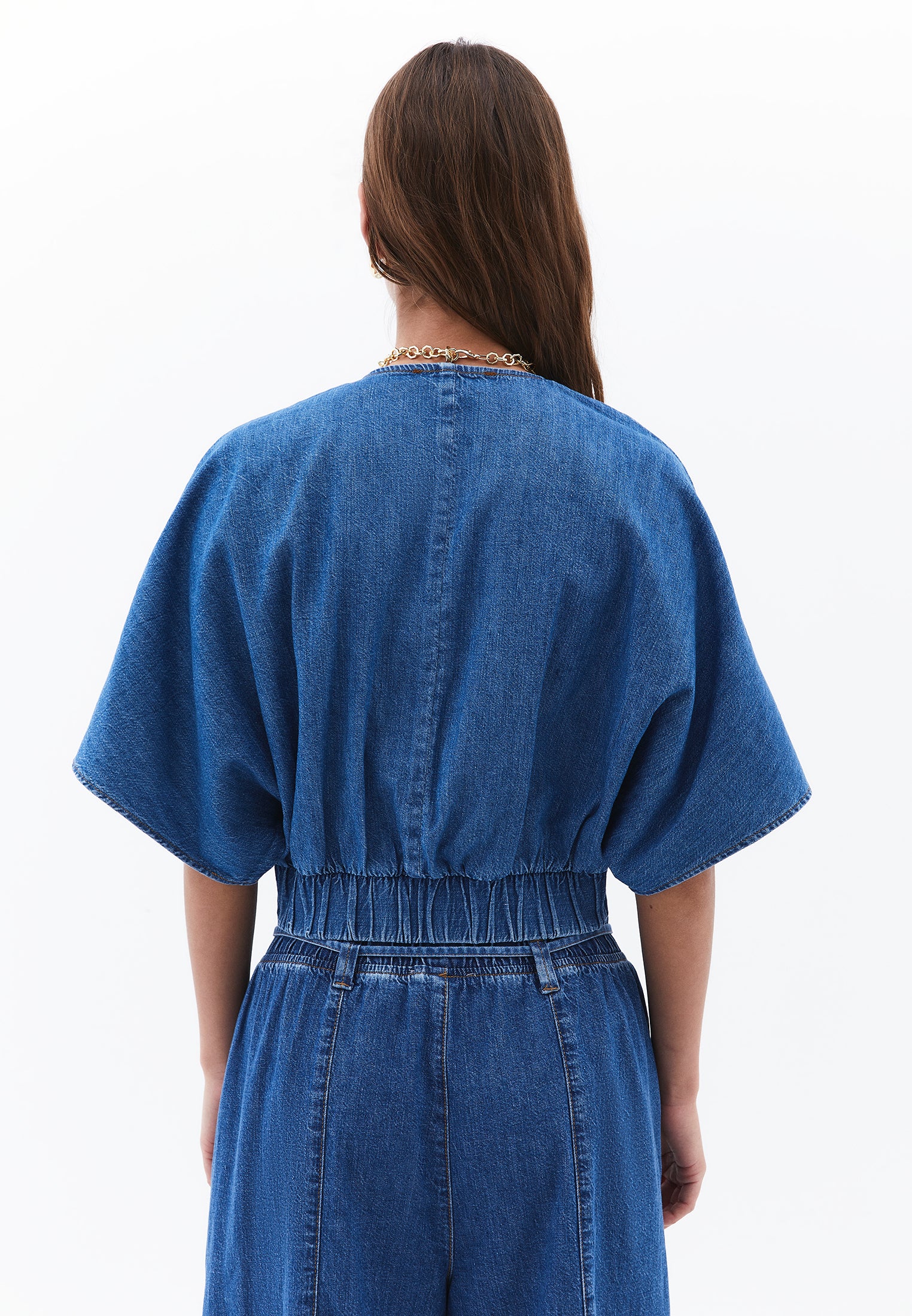 V Neck Short Sleeve Twisted Cropped Blouse - MID BLUE DENIM