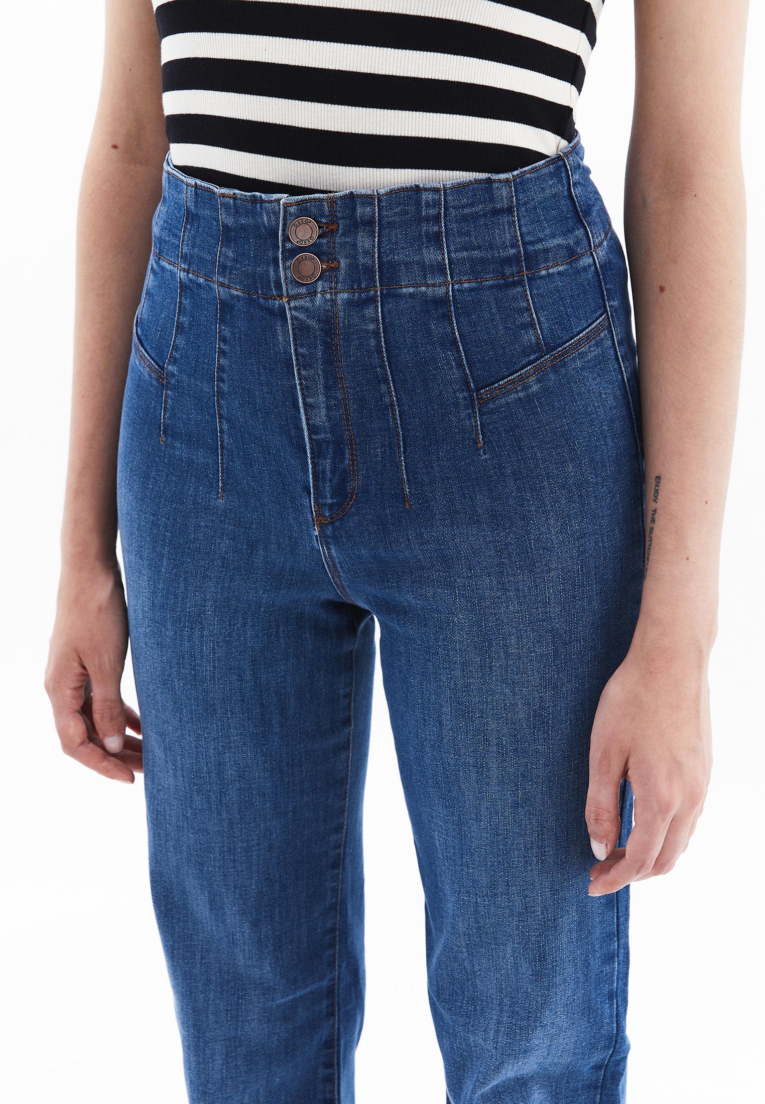 Ultra High Waist Straight Leg Denim Pants - MID BLUE DENIM