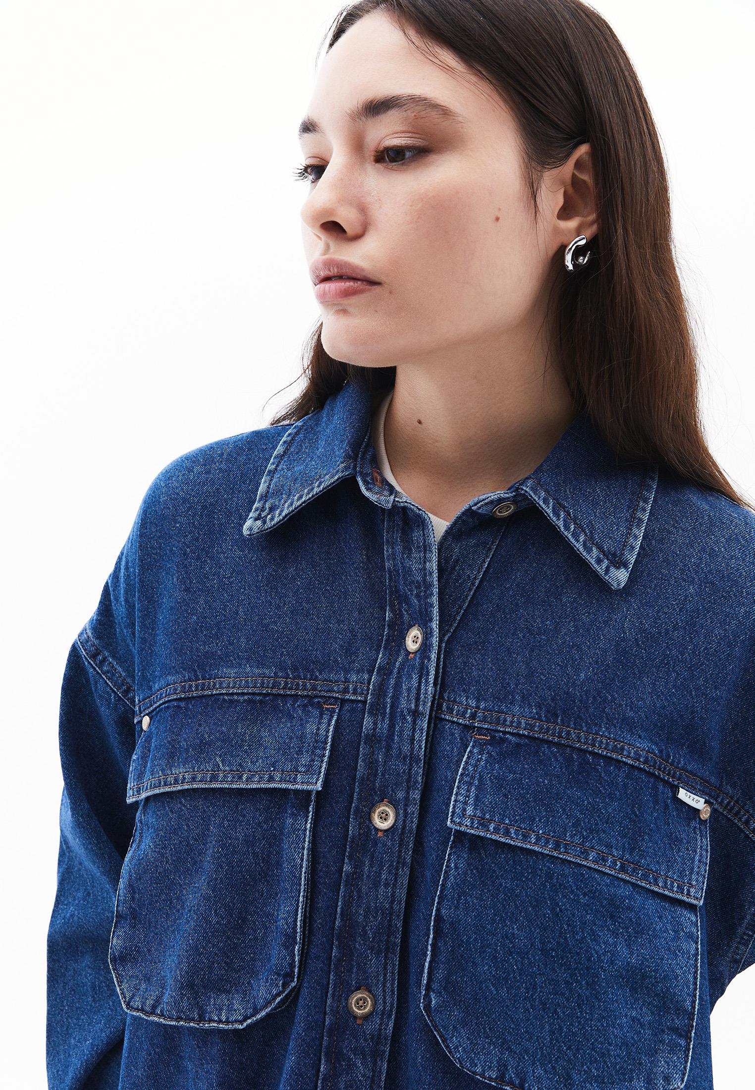 Oversize Denim Shirt With Pocket Detail - MID BLUE DENIM