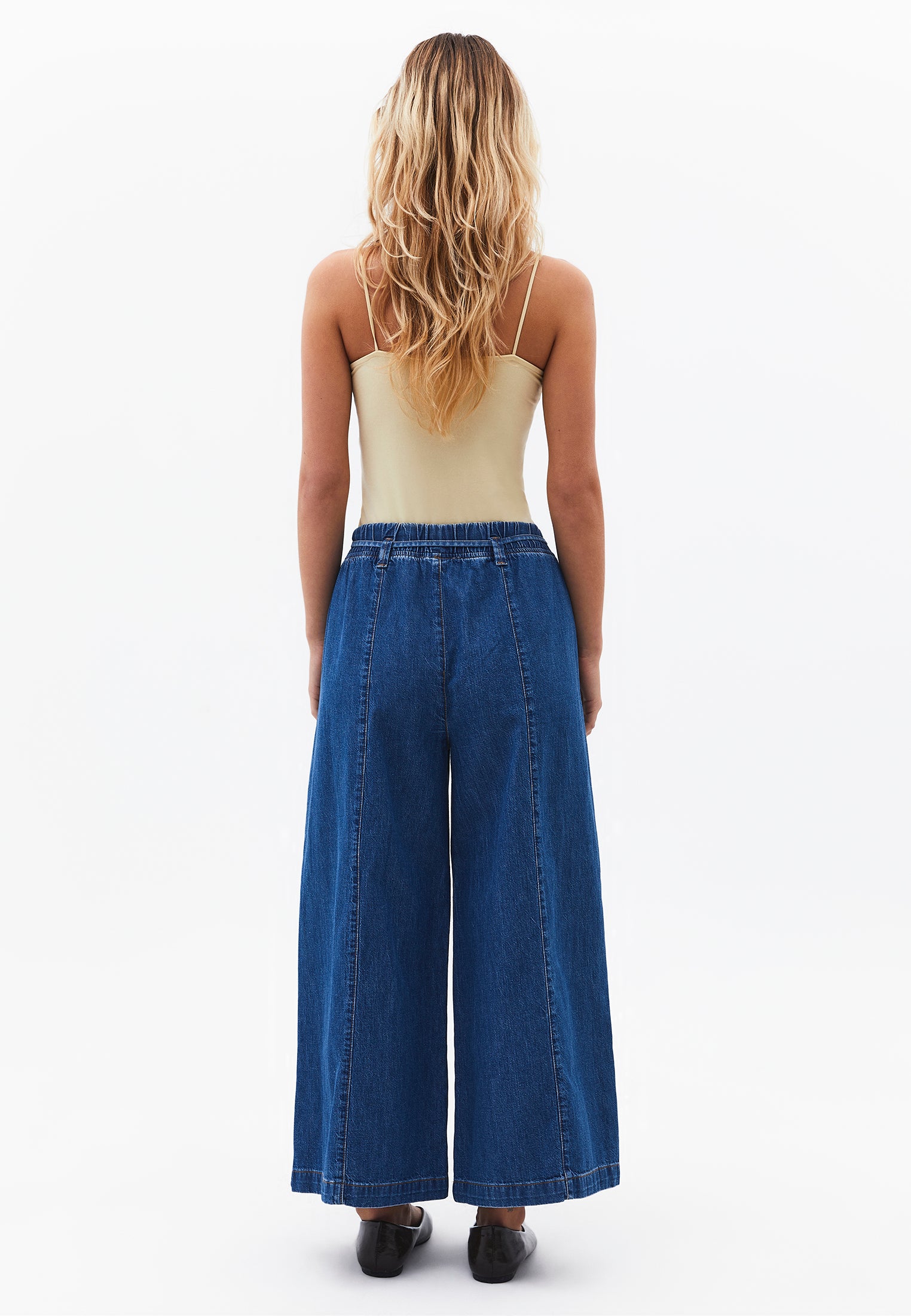 High Waist Cropped Culotte Denim Pants - MID BLUE DENIM