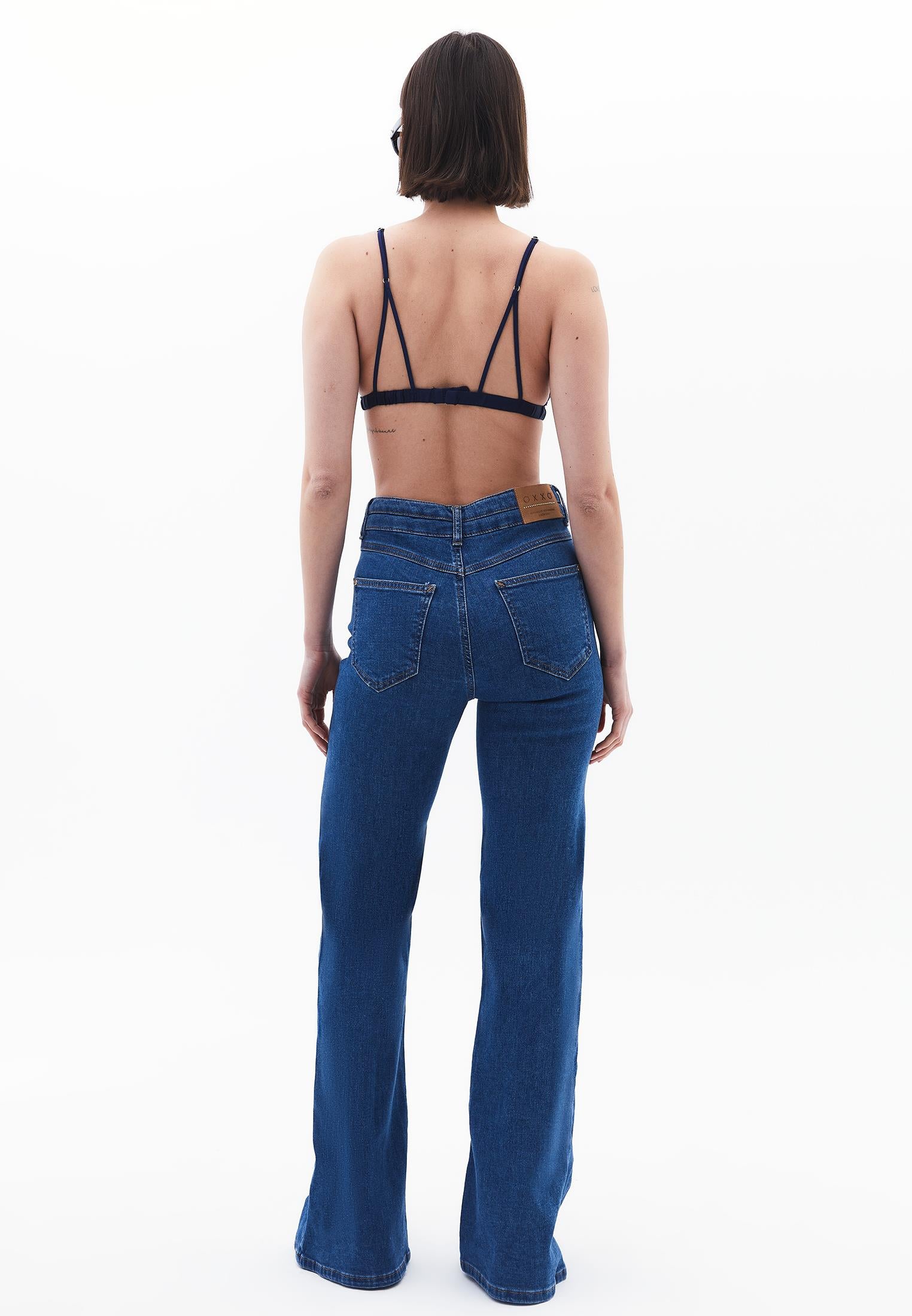 High Waist Flared Denim Pants - MID BLUE DENIM