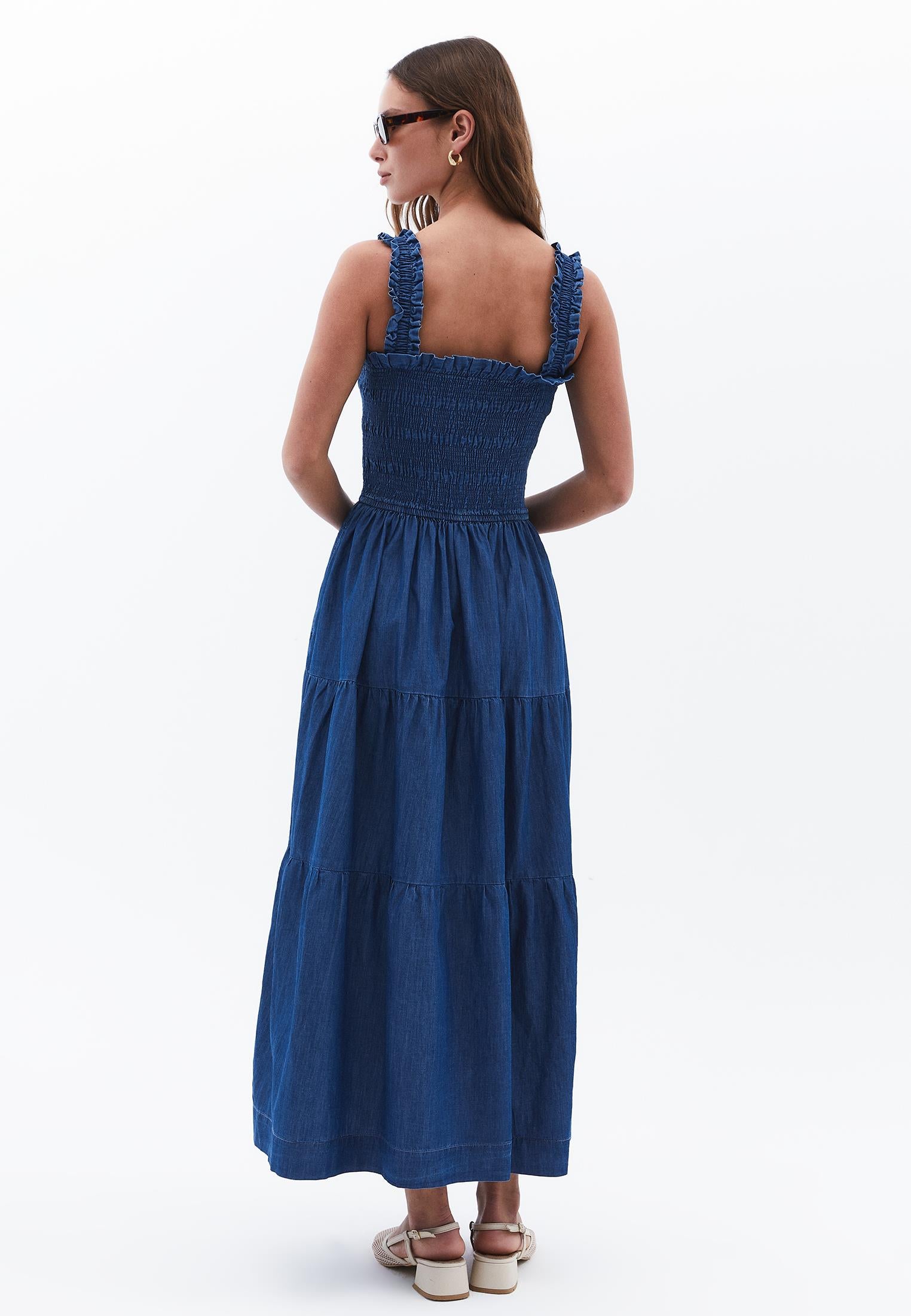 Long Dress With Straps And Square Neck With Smocked Details - MID BLUE DENIM