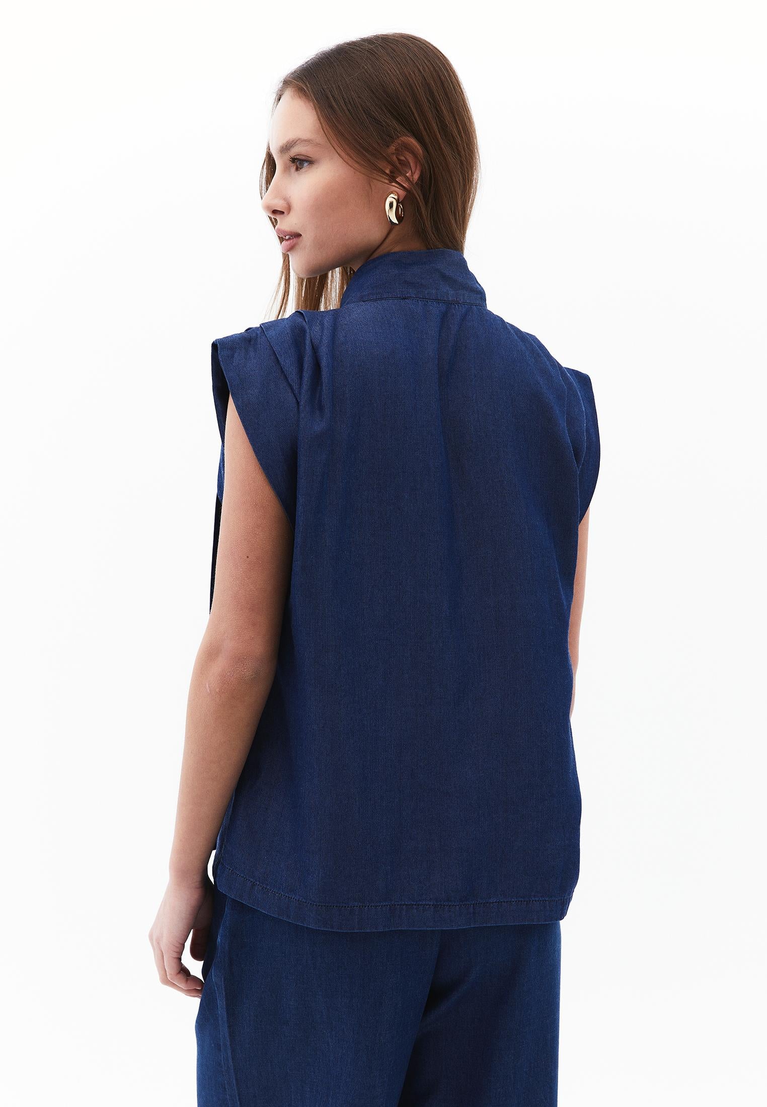 Tencel Blouse With Bow Detail - MID BLUE DENIM