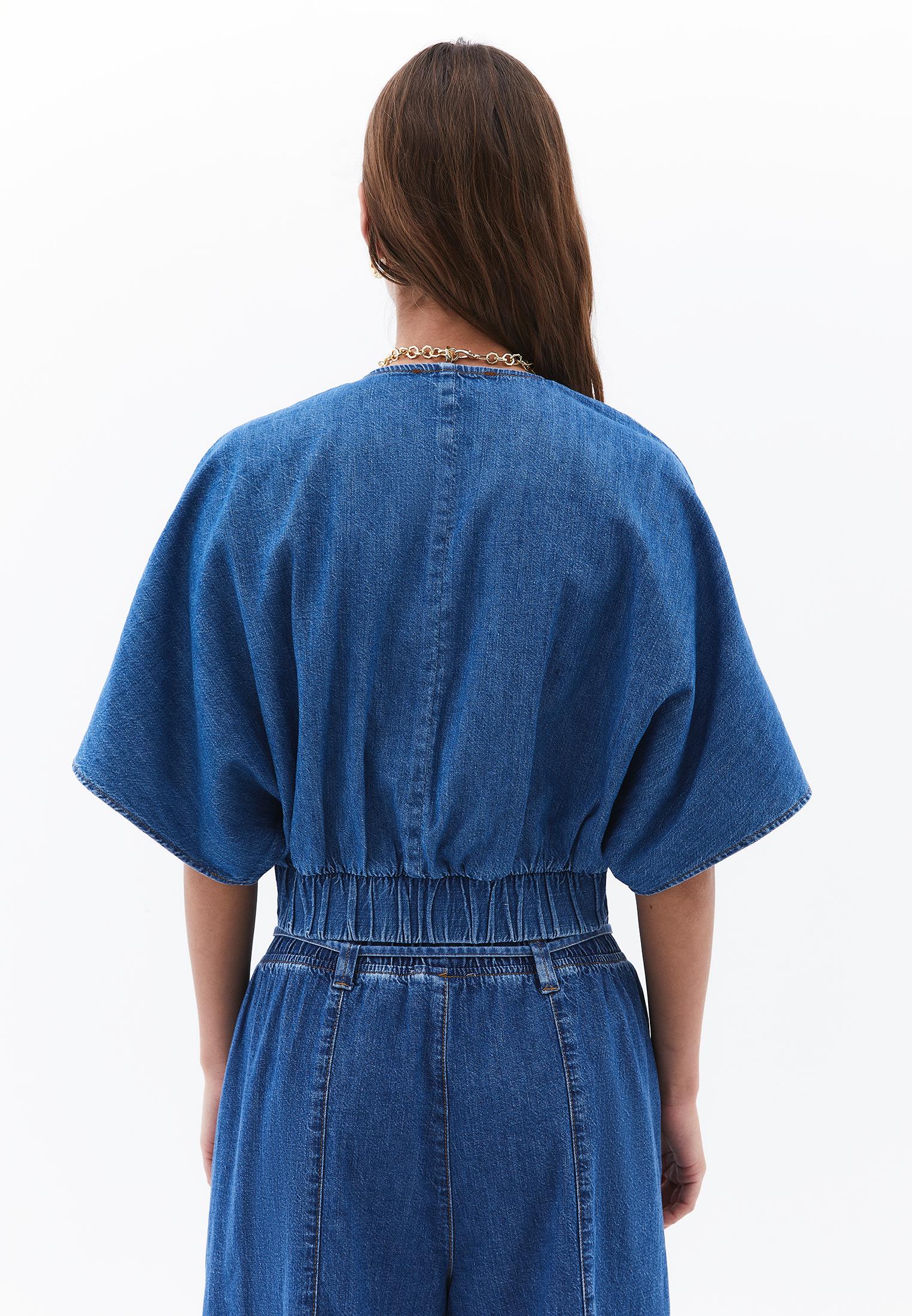 V Neck Short Sleeve Twisted Cropped Blouse - MID BLUE DENIM
