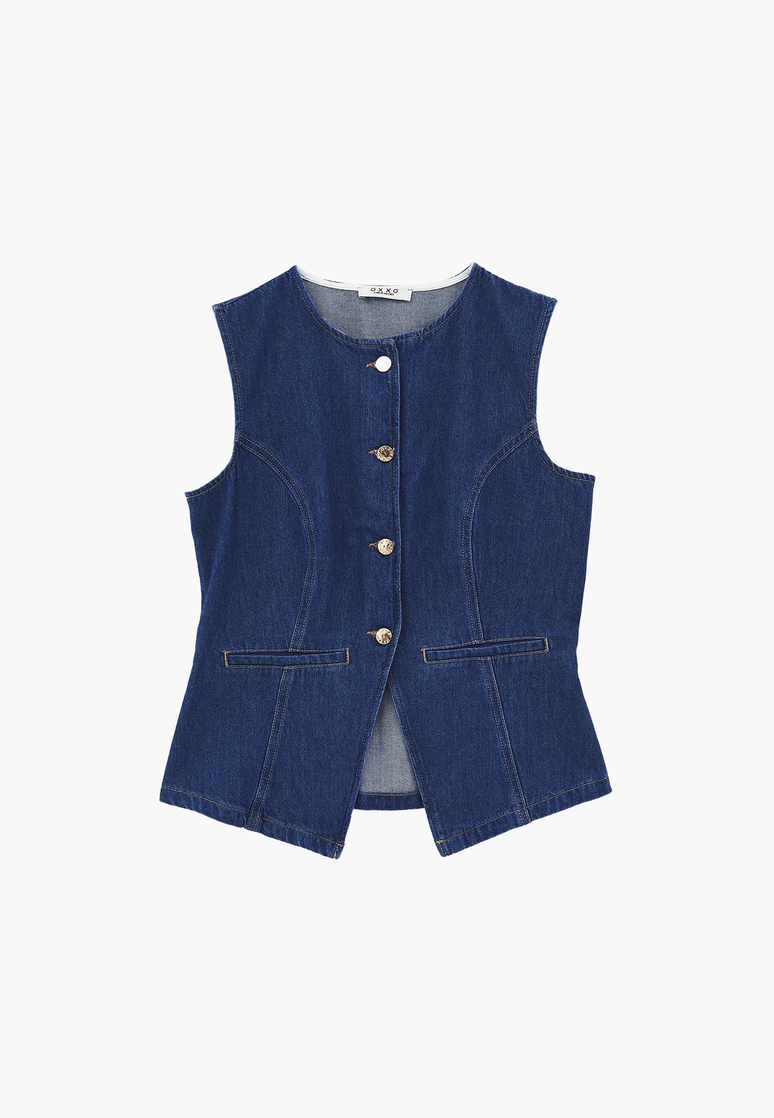 Button Detailed Denim Vest - MID BLUE DENIM