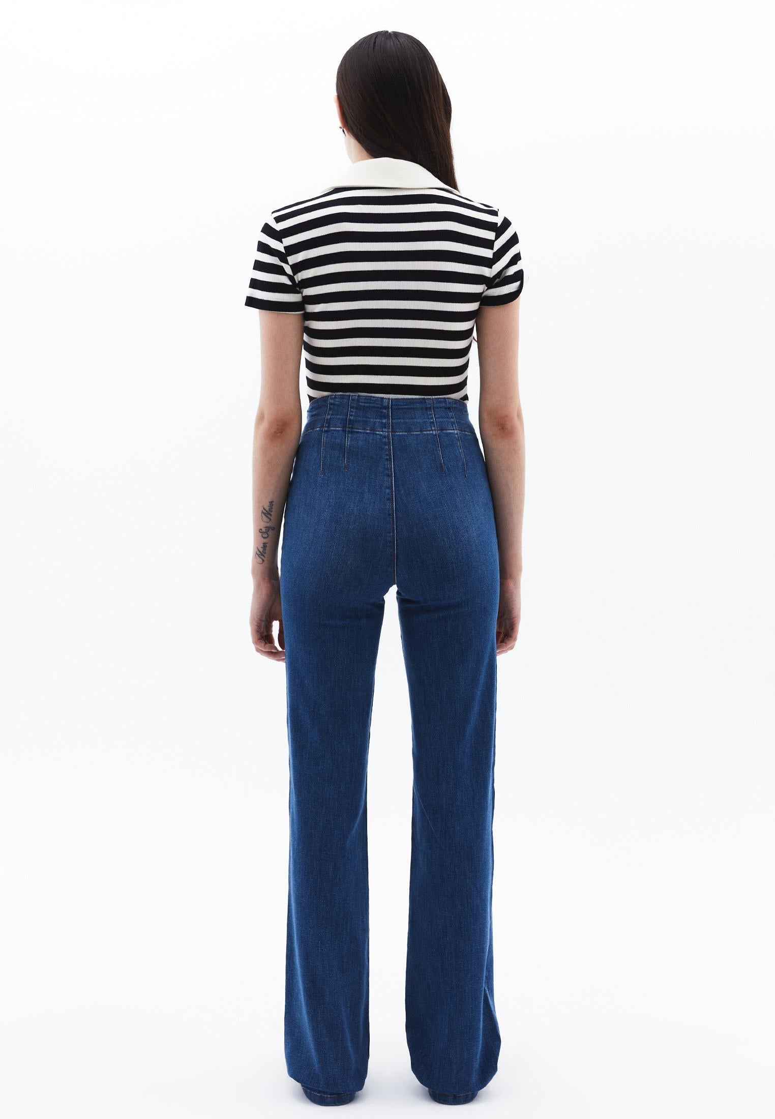 Ultra High Waist Straight Leg Denim Pants - MID BLUE DENIM