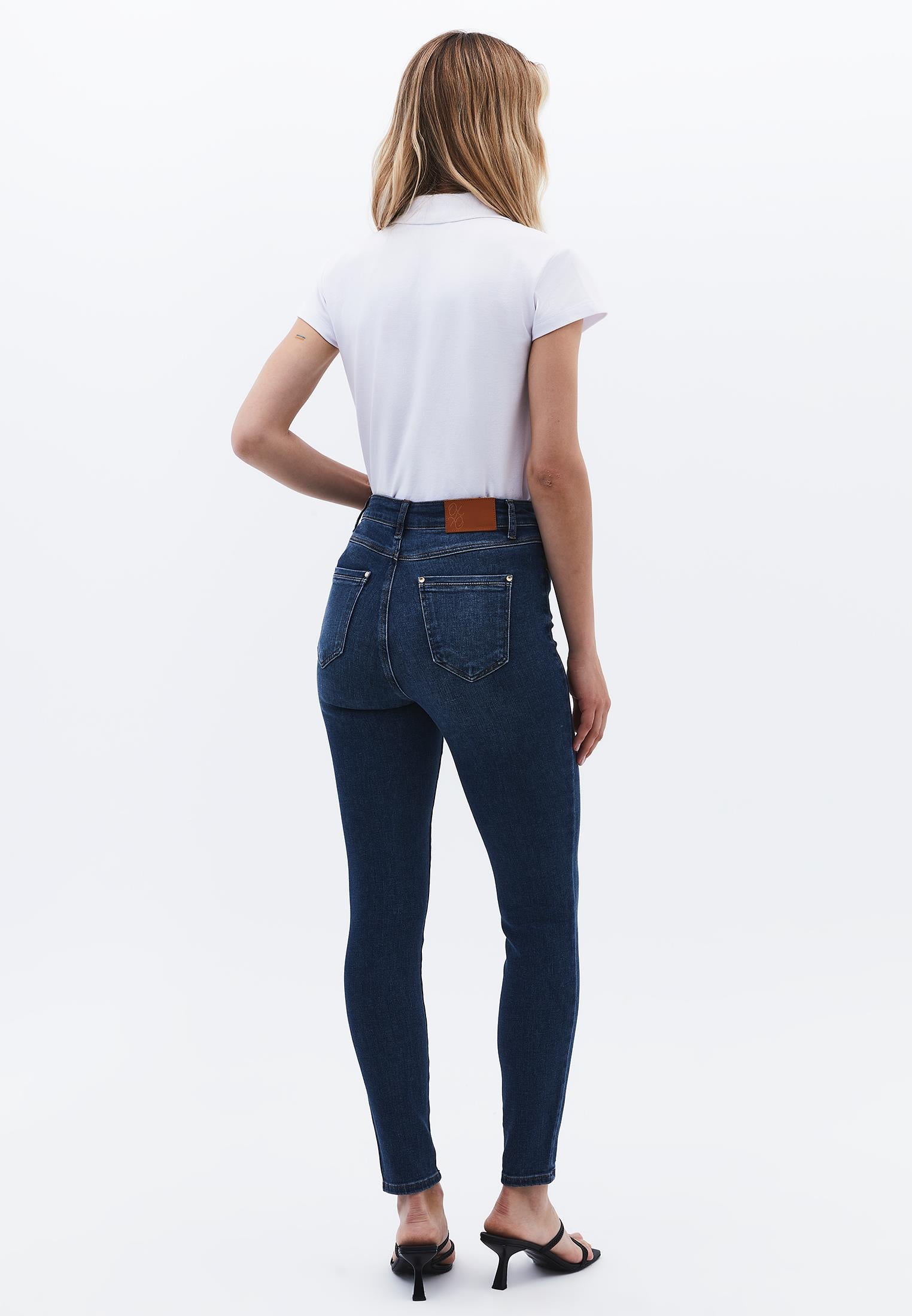 Ultra High Waist Skinny Denim Pants - MID BLUE DENIM