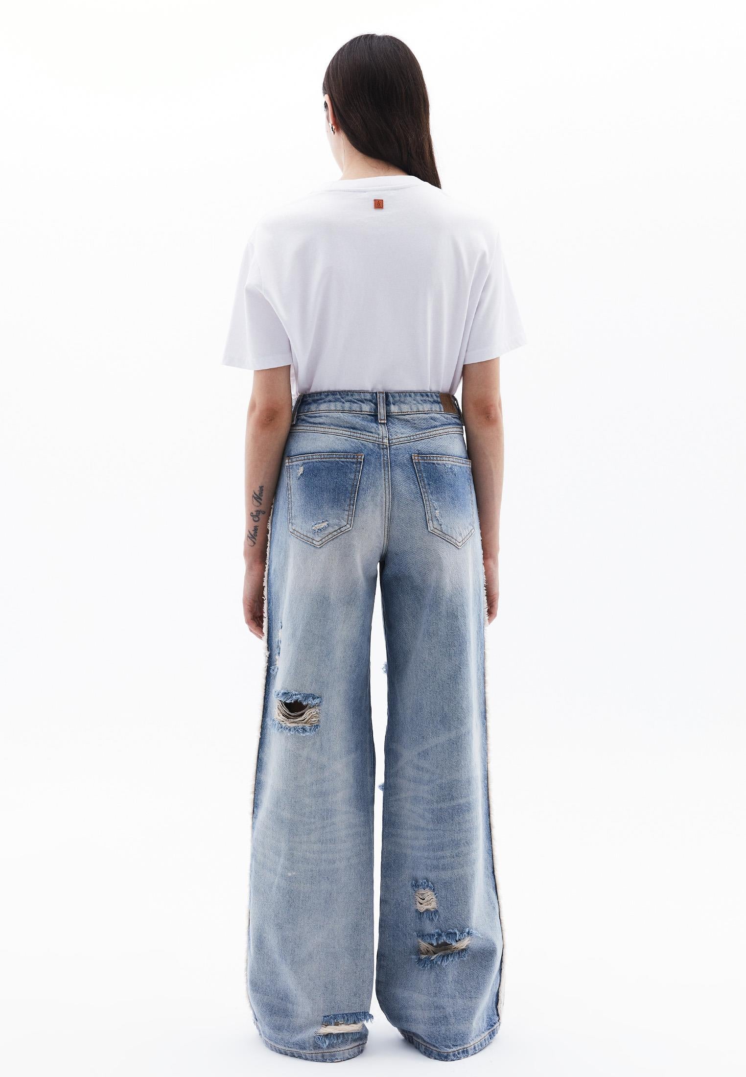 Five Pocket Wide Leg Pants - MID BLUE DENIM