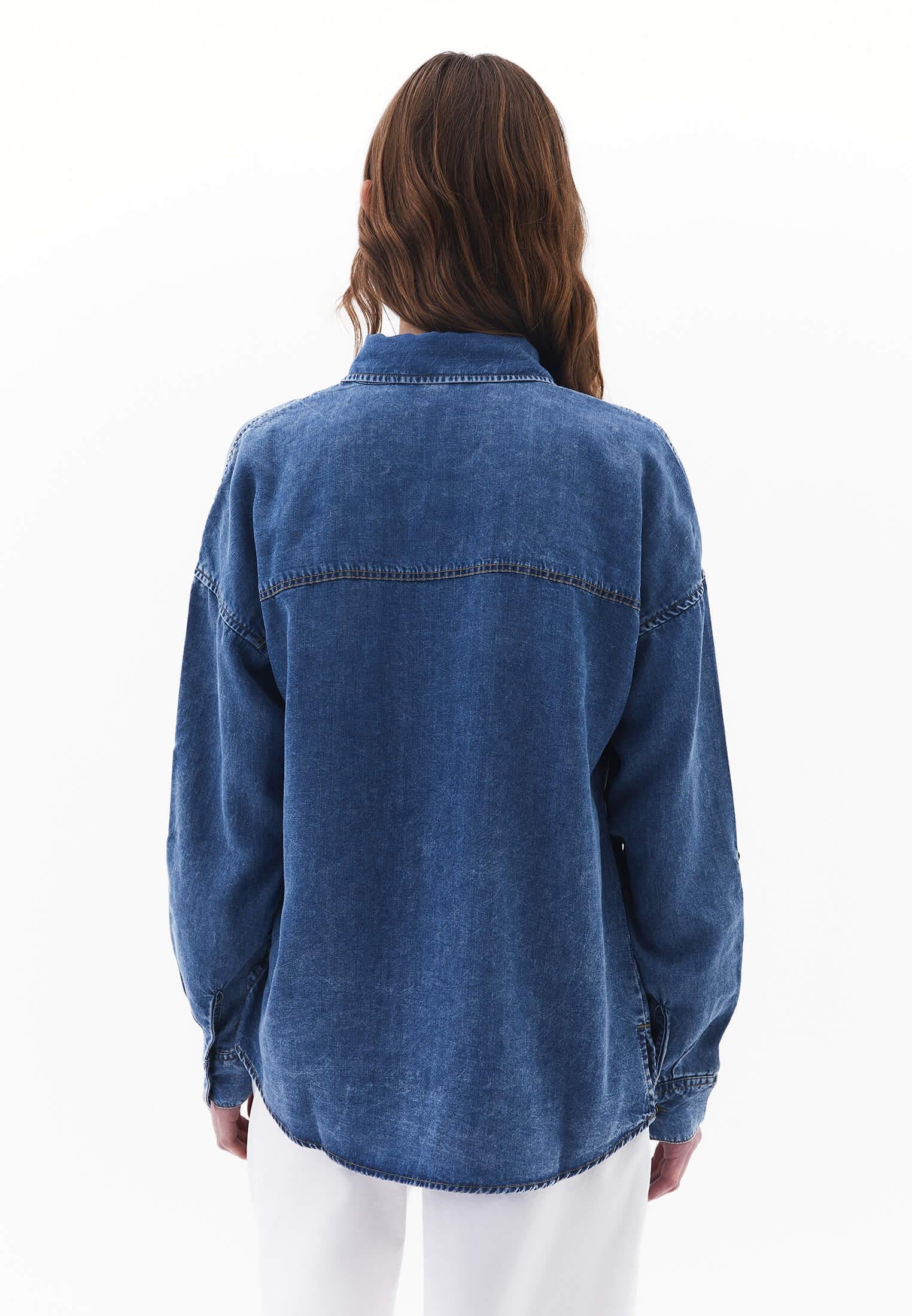 Long Sleeve Loose Fit Shirt With Pockets - MID BLUE DENIM
