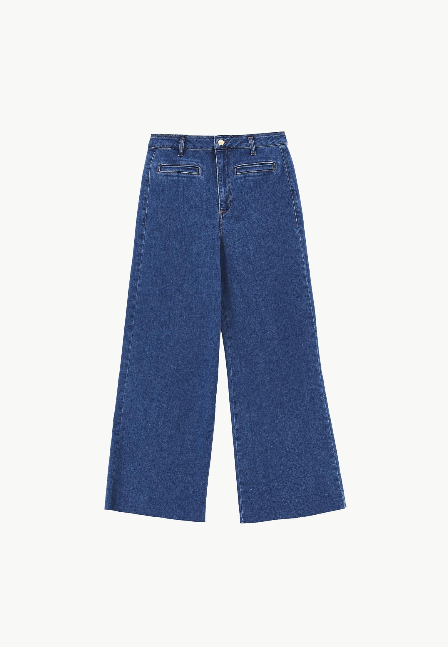 Ultra High Waist Wide Leg Cropped Pants - MID BLUE DENIM