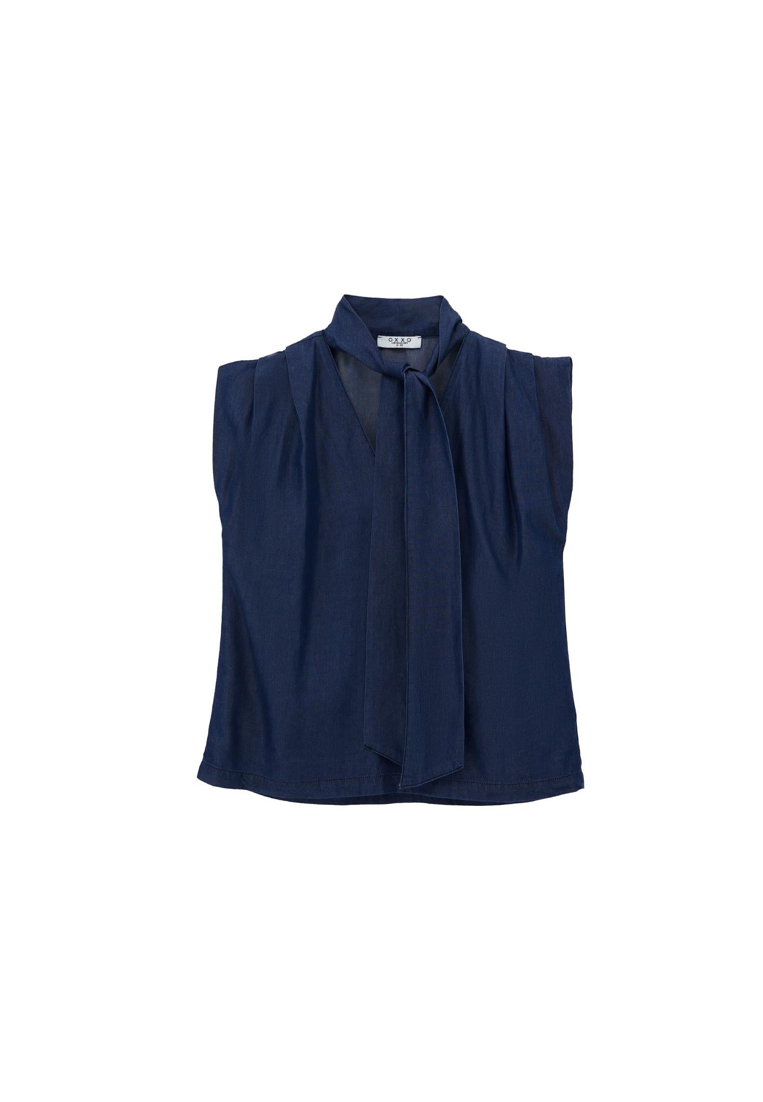Tencel Blouse With Bow Detail - MID BLUE DENIM