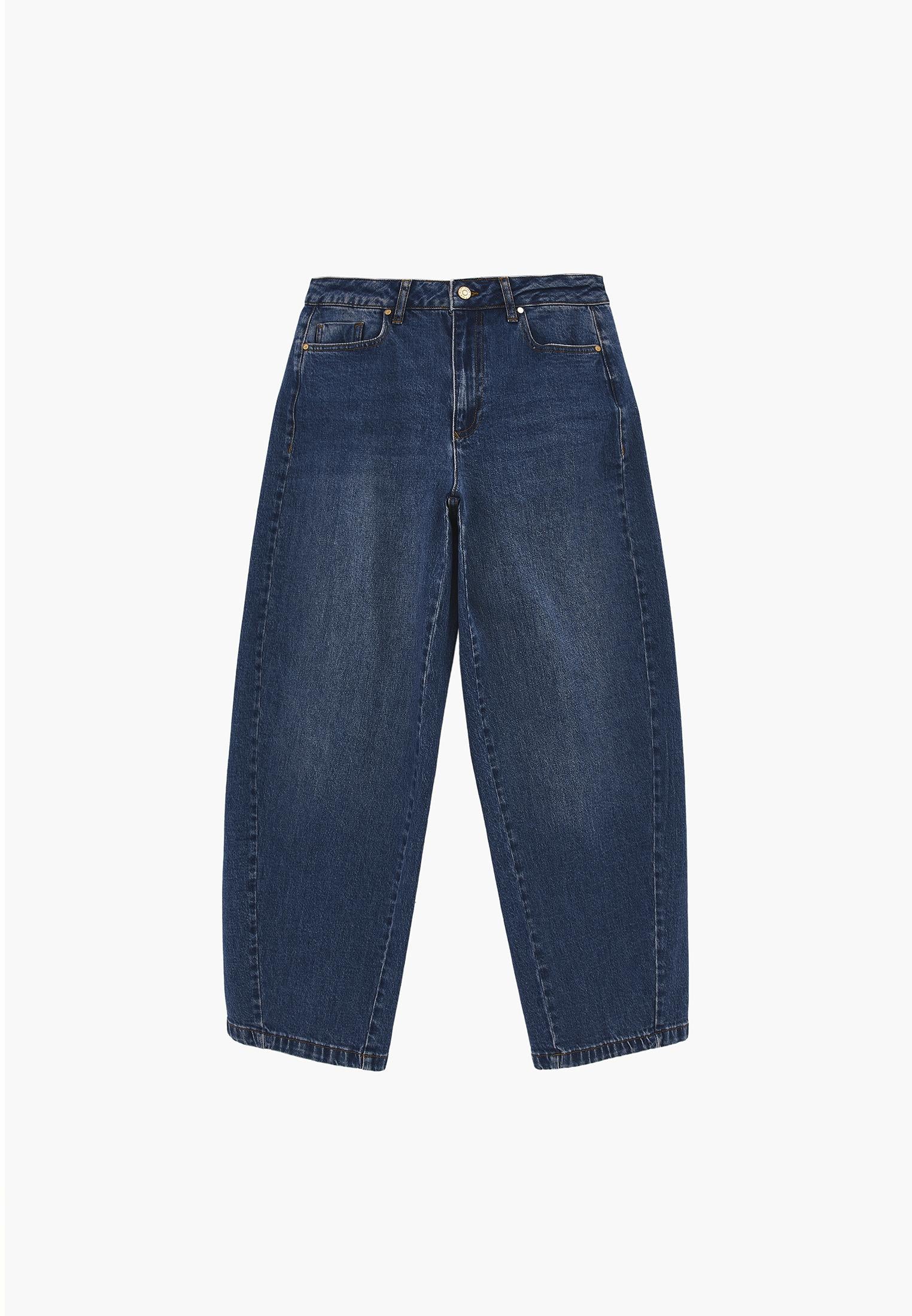 Barrel Leg Denim Pants - MID BLUE DENIM