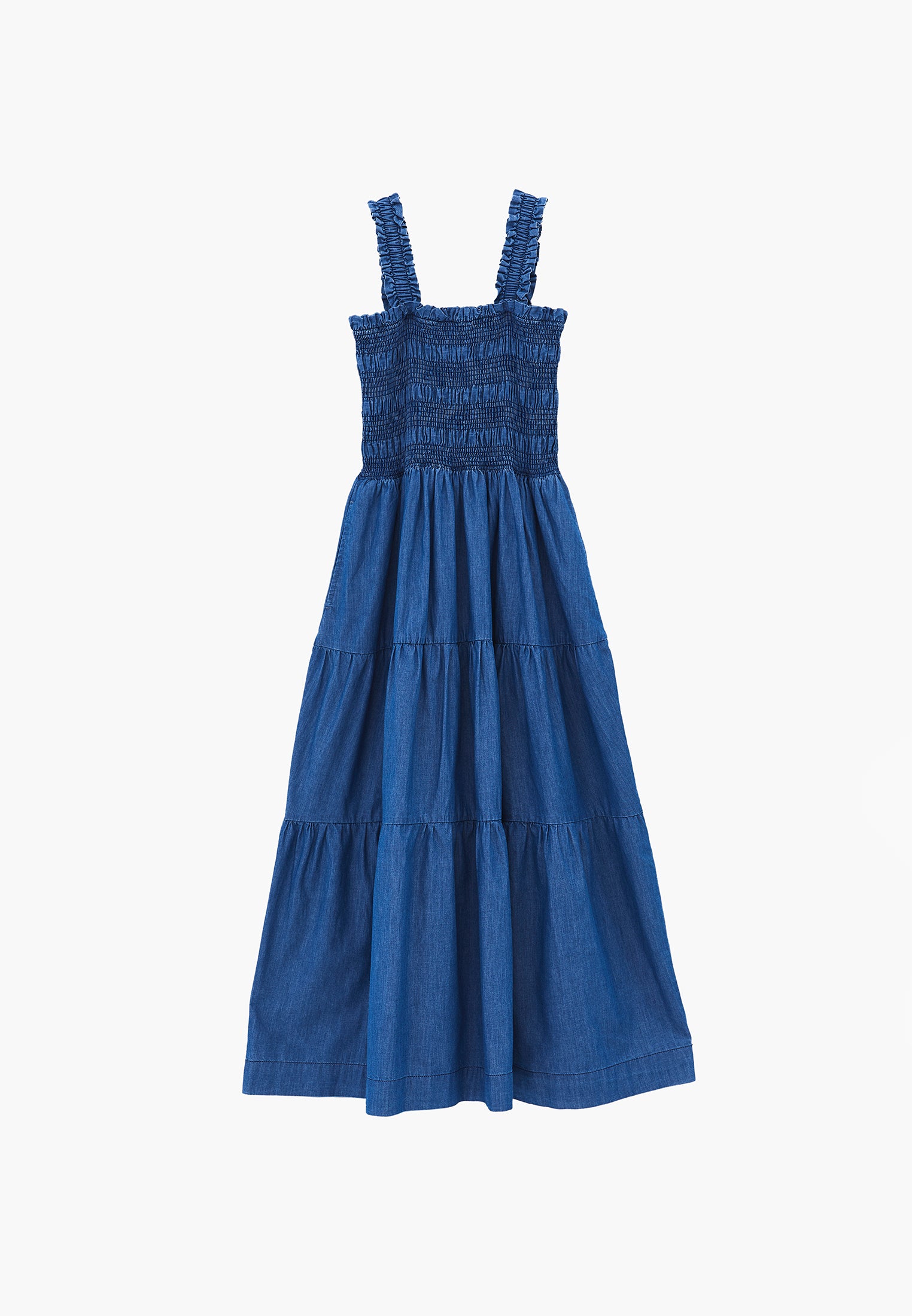 Square Neck Long Smocked Dress - MID BLUE DENIM
