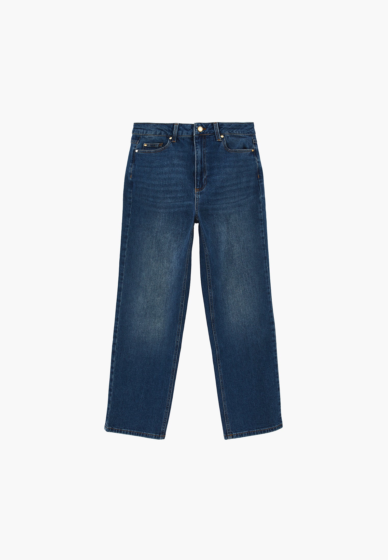 High Waist Straight Trousers With Pocket Detail - MID BLUE DENIM