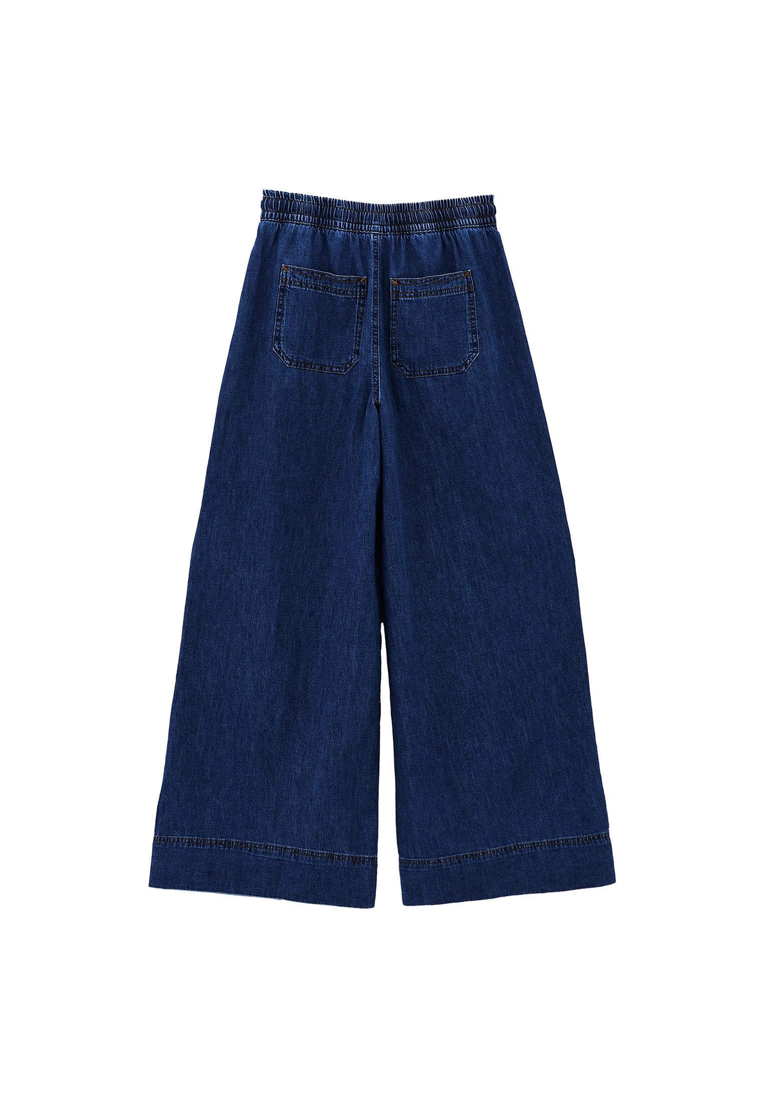High Waist Wide Leg Long Denim Pants - MID BLUE DENIM