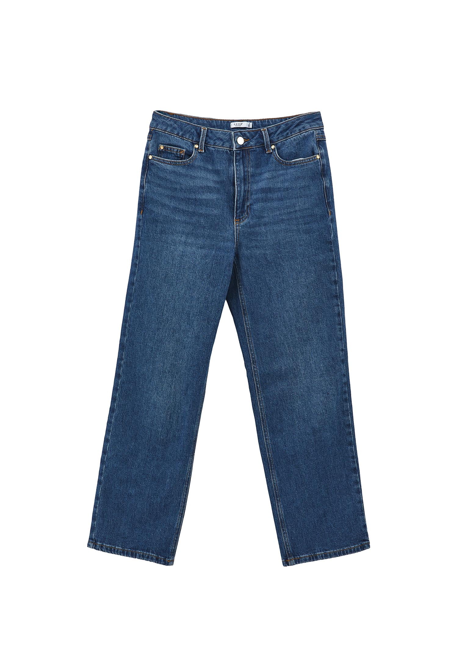 High Waist Straight Leg Pants - MID BLUE DENIM