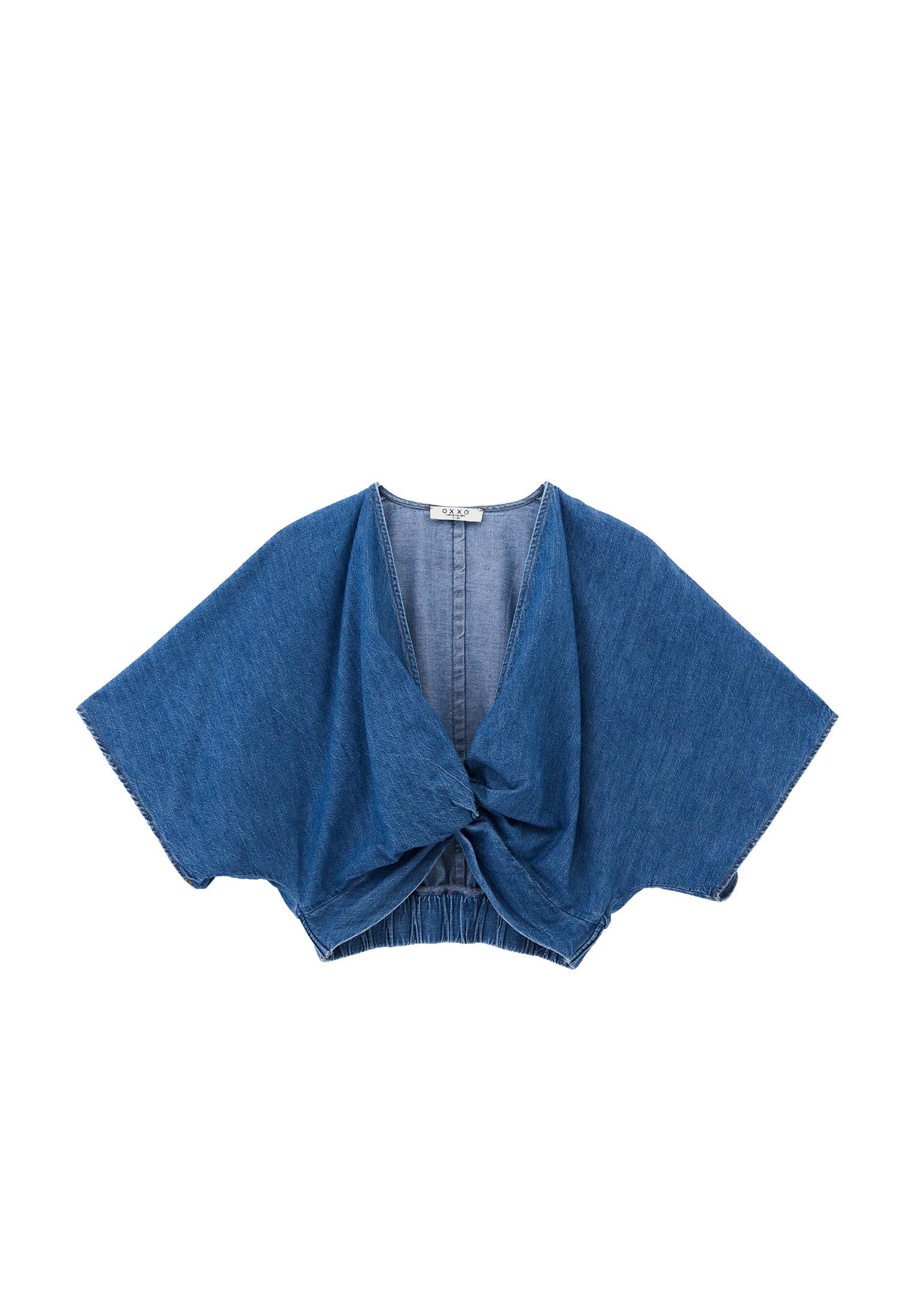 V Neck Short Sleeve Twisted Cropped Blouse - MID BLUE DENIM