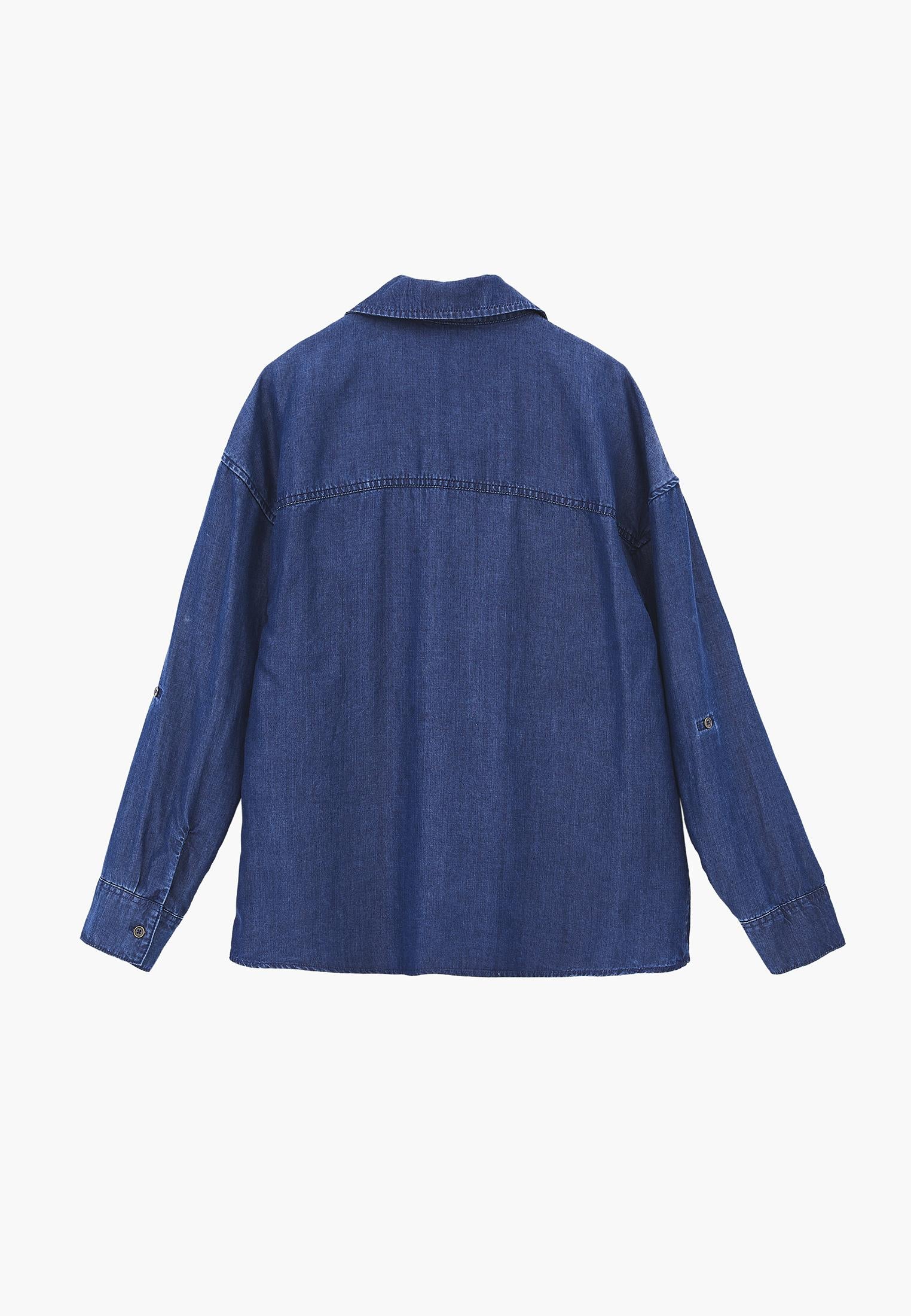 Shirt Collar Long Sleeve Shirt - MID BLUE DENIM