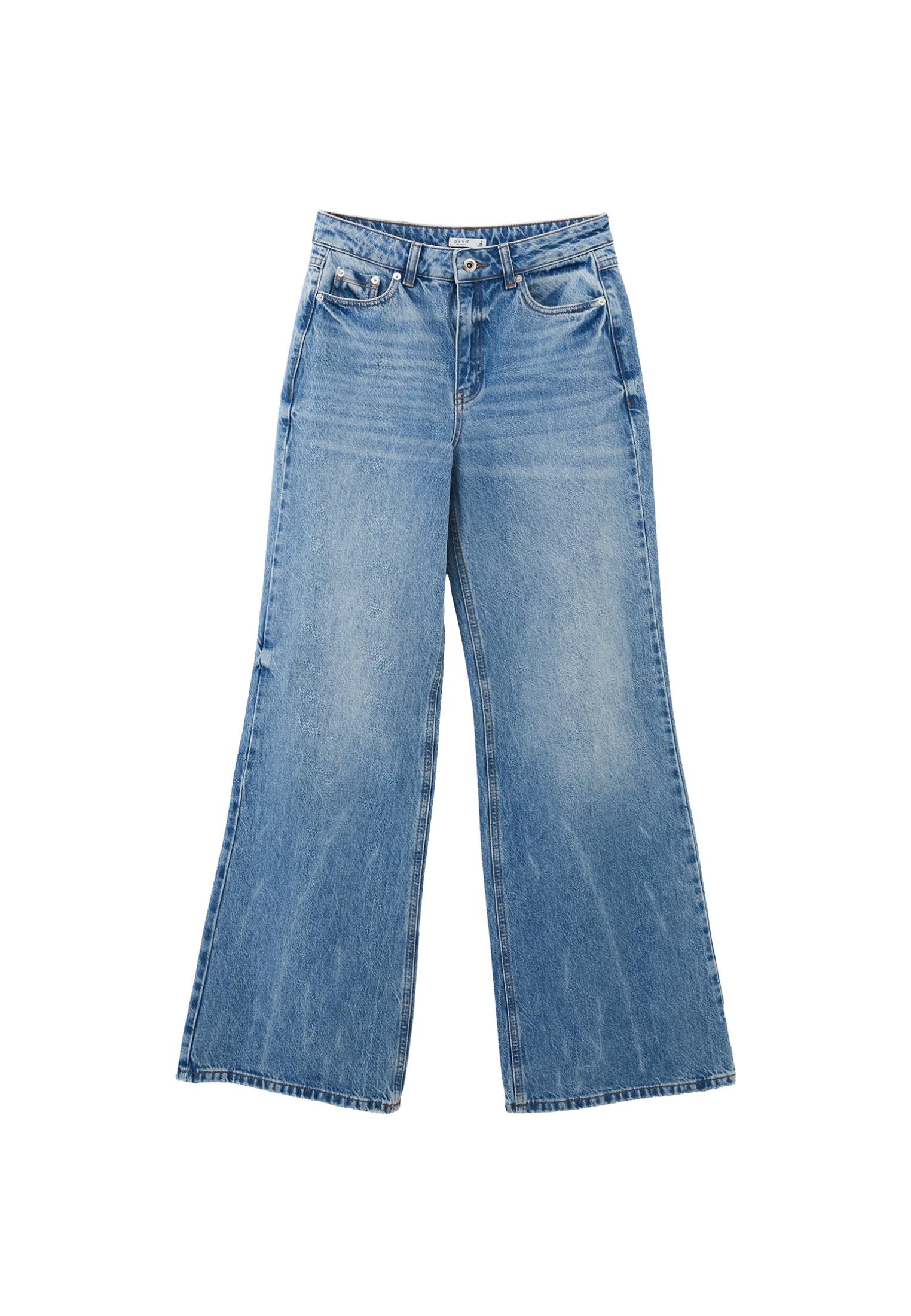 High Waist Wide Leg Denim Pants - MID BLUE DENIM