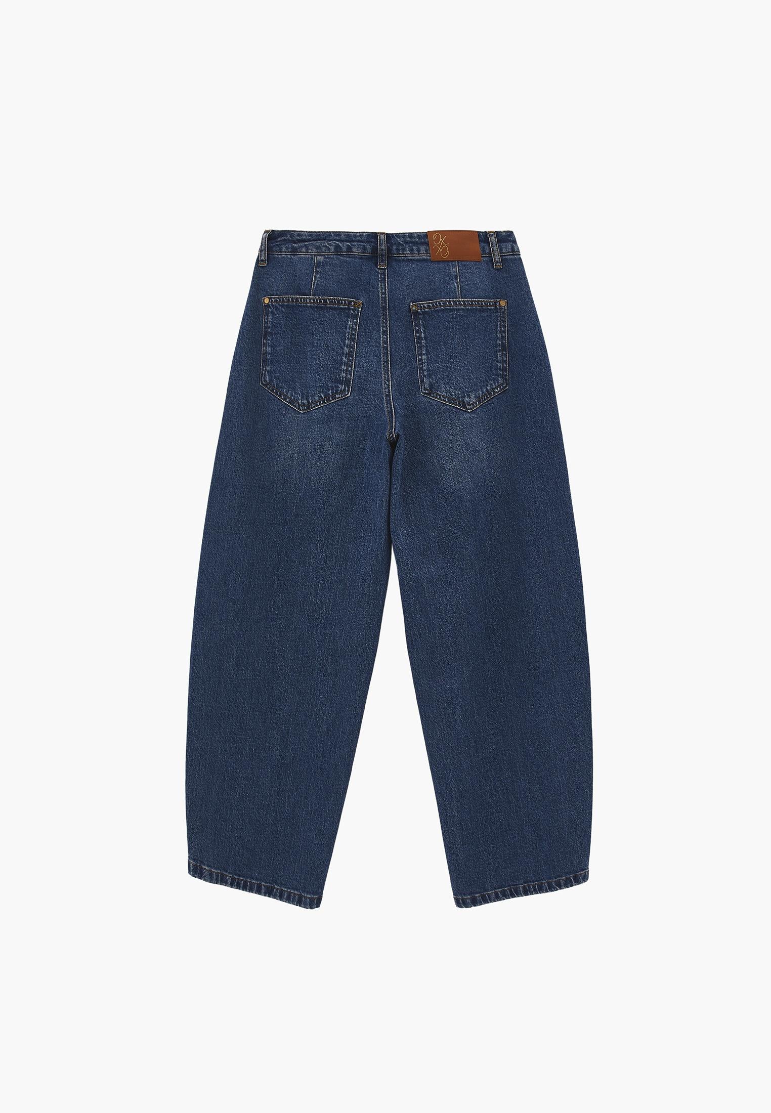Barrel Leg Denim Pants - MID BLUE DENIM
