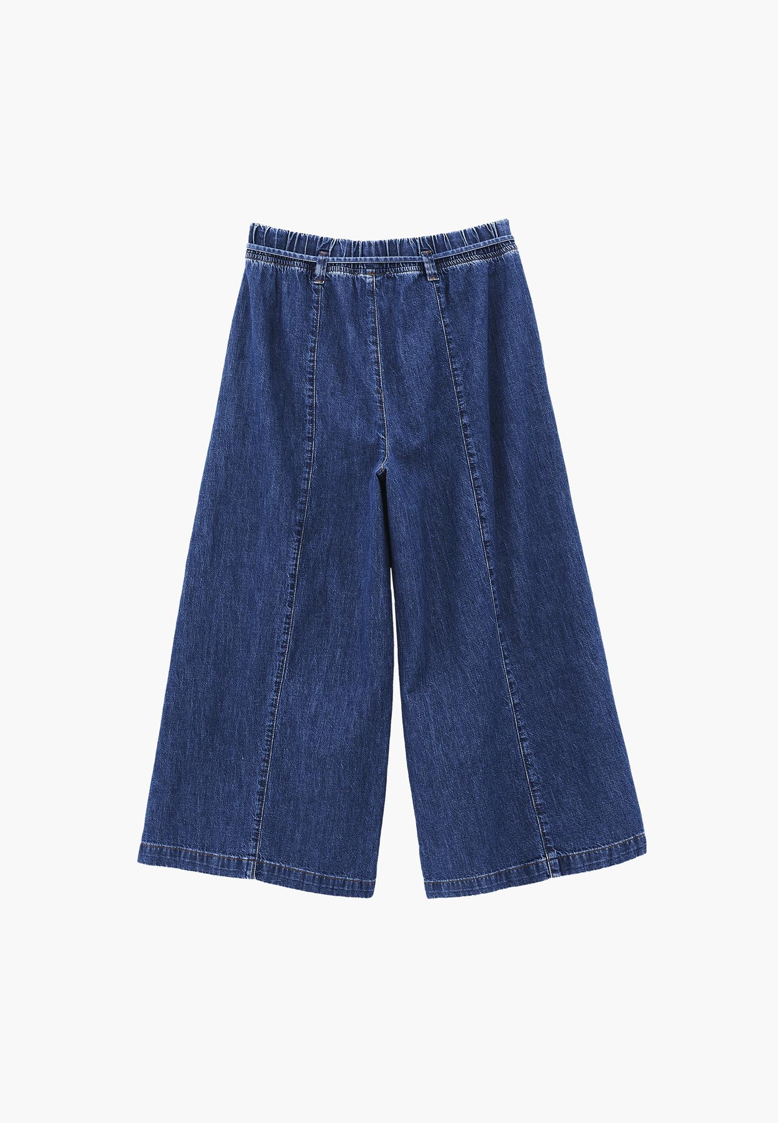 High Waist Cropped Culotte Denim Pants - MID BLUE DENIM