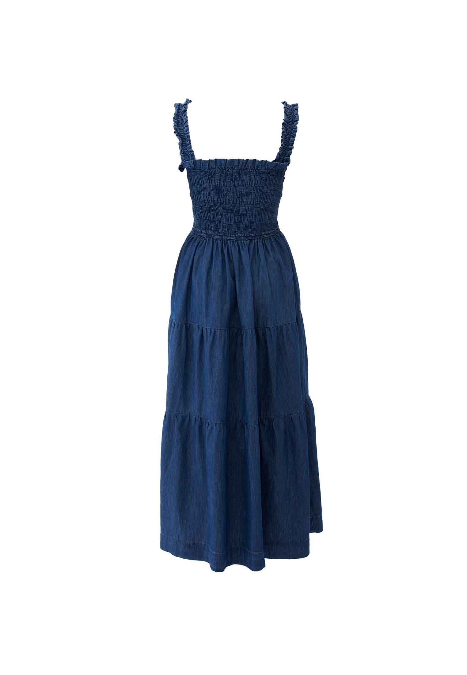 Long Dress With Straps And Square Neck With Smocked Details - MID BLUE DENIM