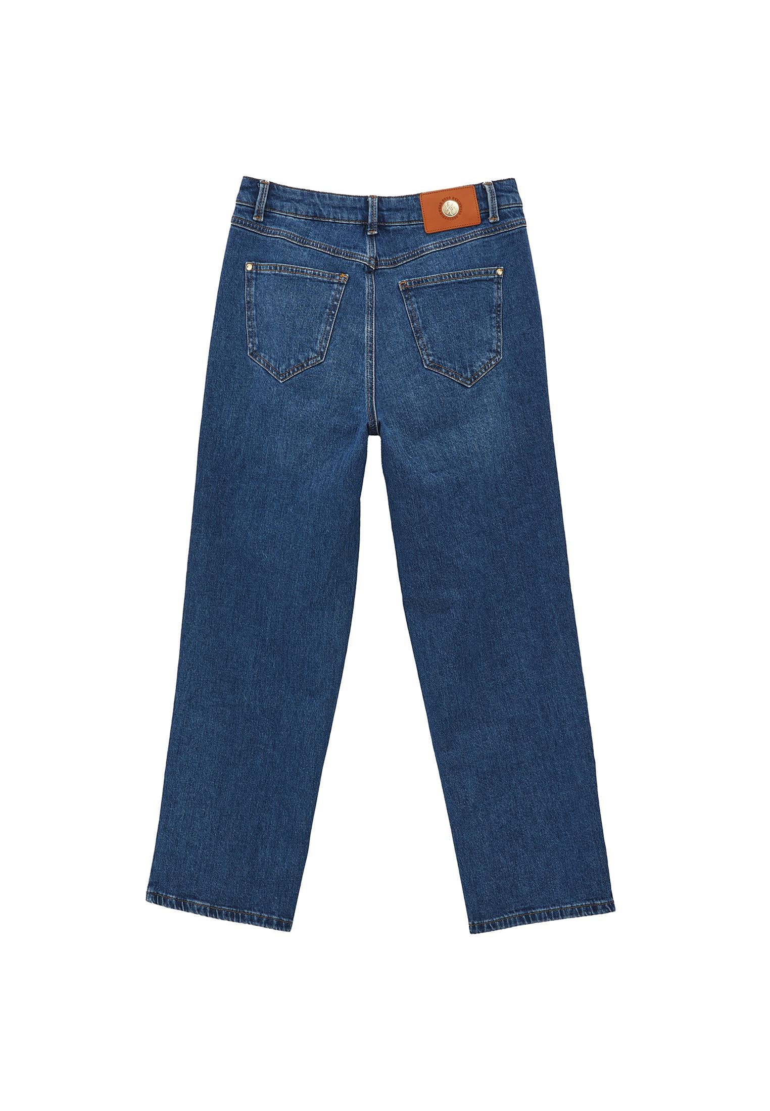 High Waist Straight Leg Pants - MID BLUE DENIM