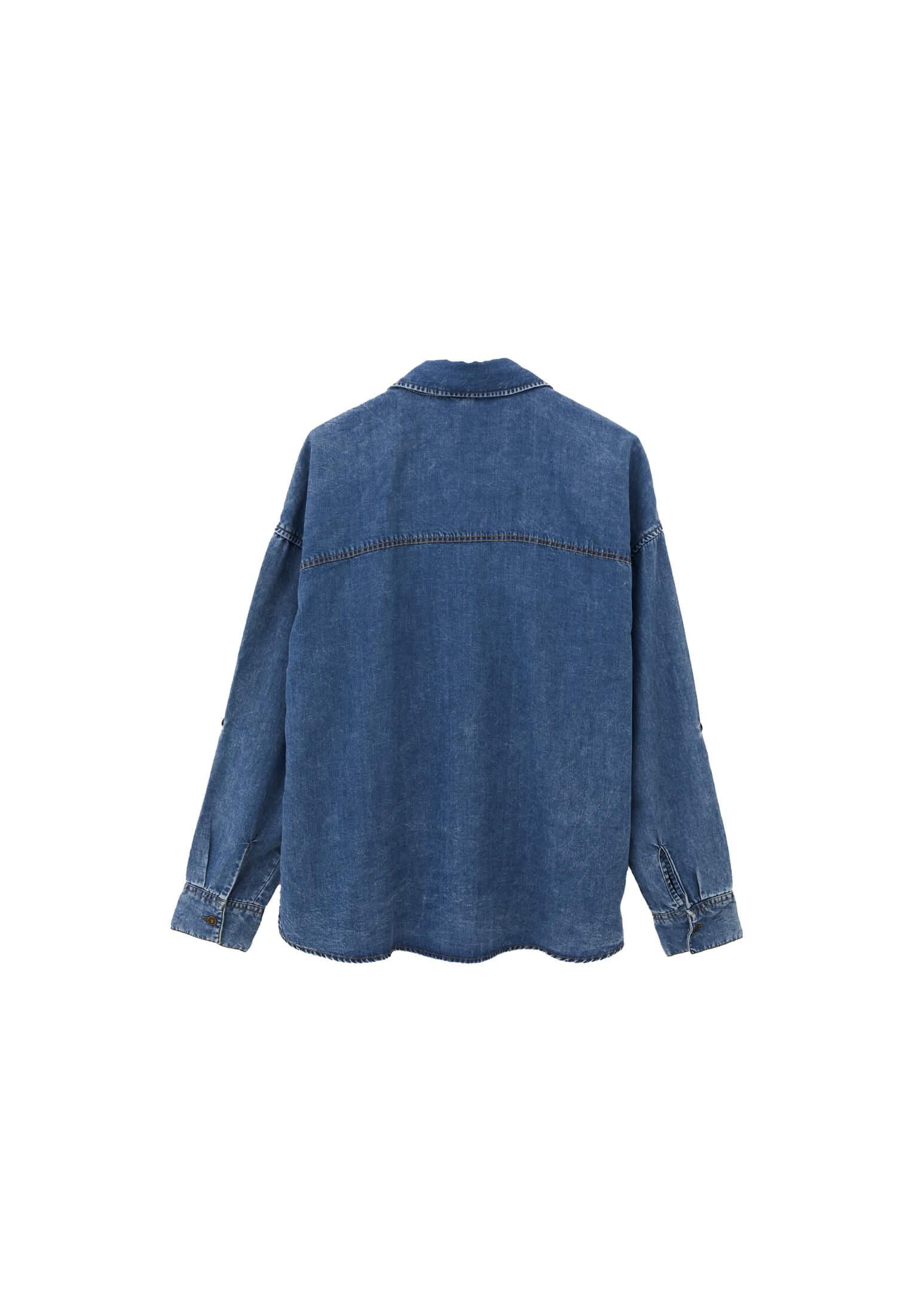 Long Sleeve Loose Fit Shirt With Pockets - MID BLUE DENIM