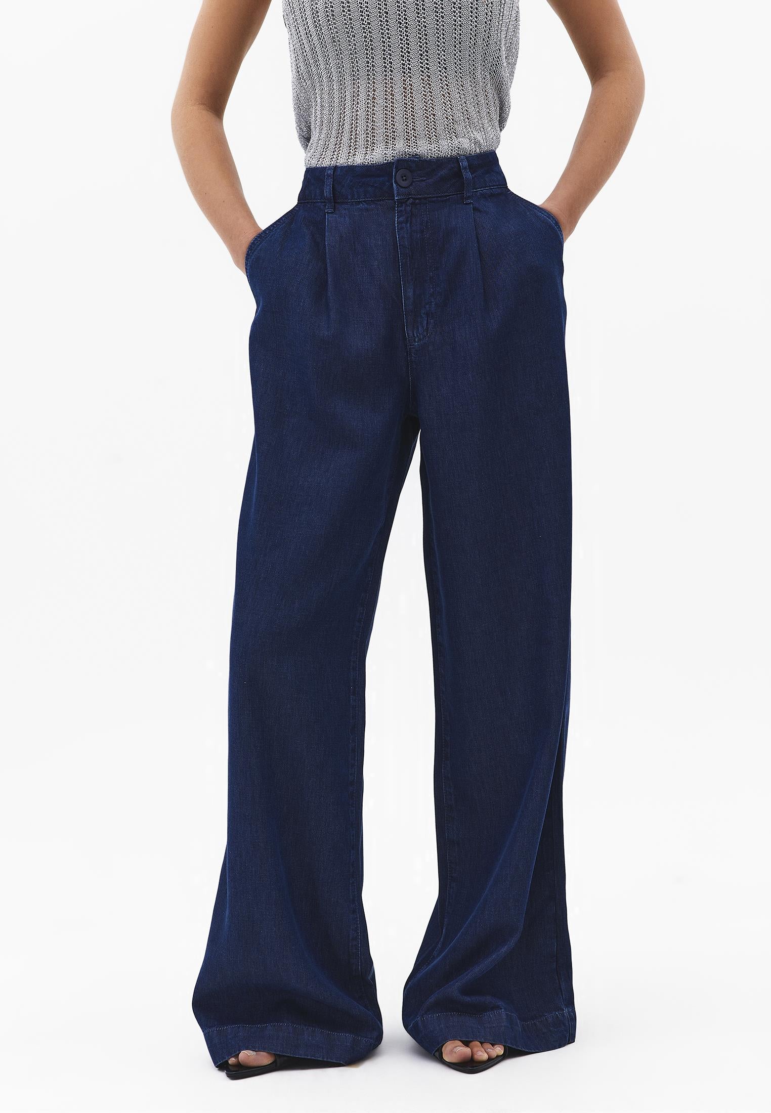 Pleated Wide Leg Pants - MID BLUE