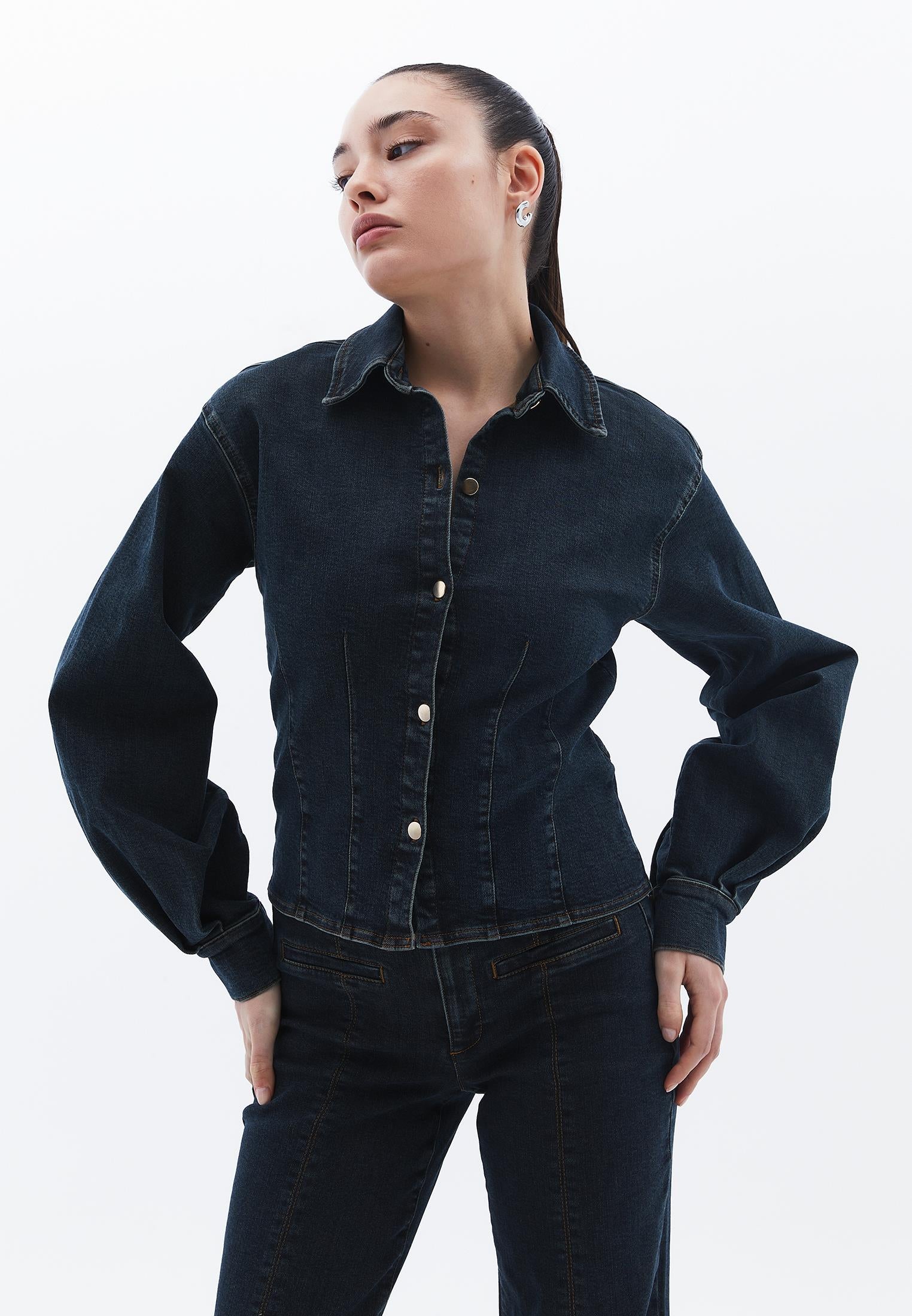 Cropped Long Sleeve Blouse - MID BROWN DENIM