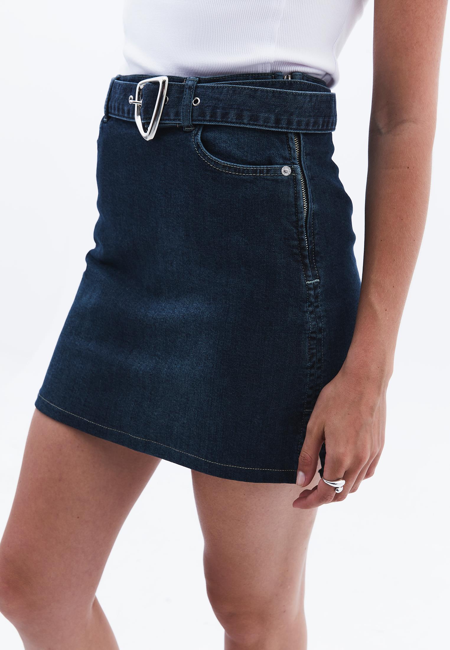 Ultra High Waist Belt Detailed Mini Skirt - MID BROWN DENIM