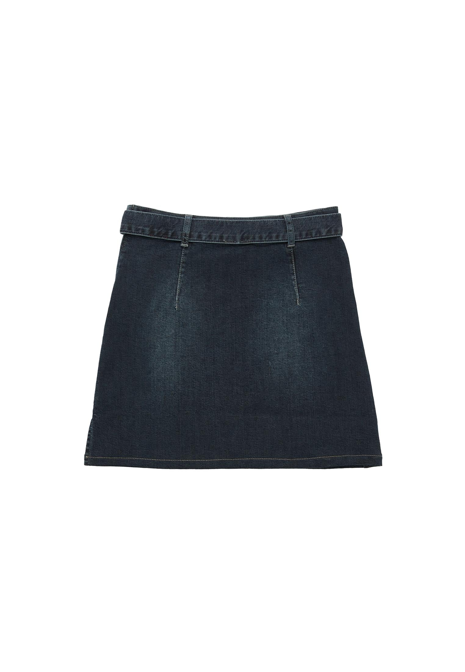 Ultra High Waist Belt Detailed Mini Skirt - MID BROWN DENIM