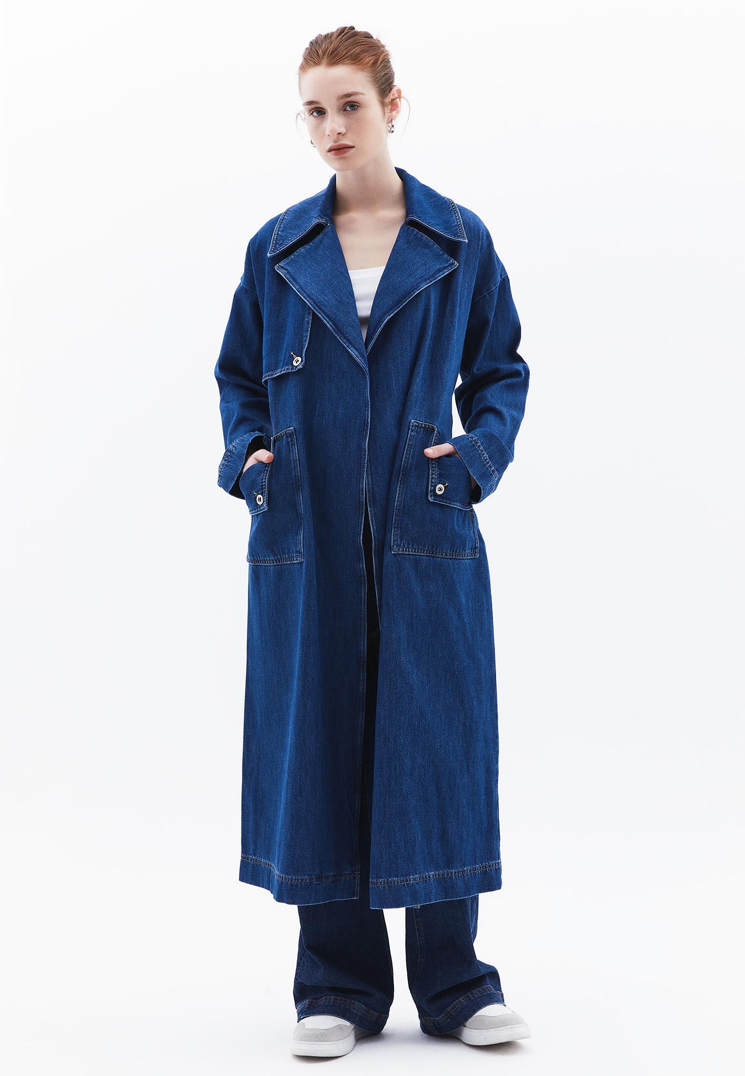 Oversize Long Denim Wrap Coat - MID DENIM