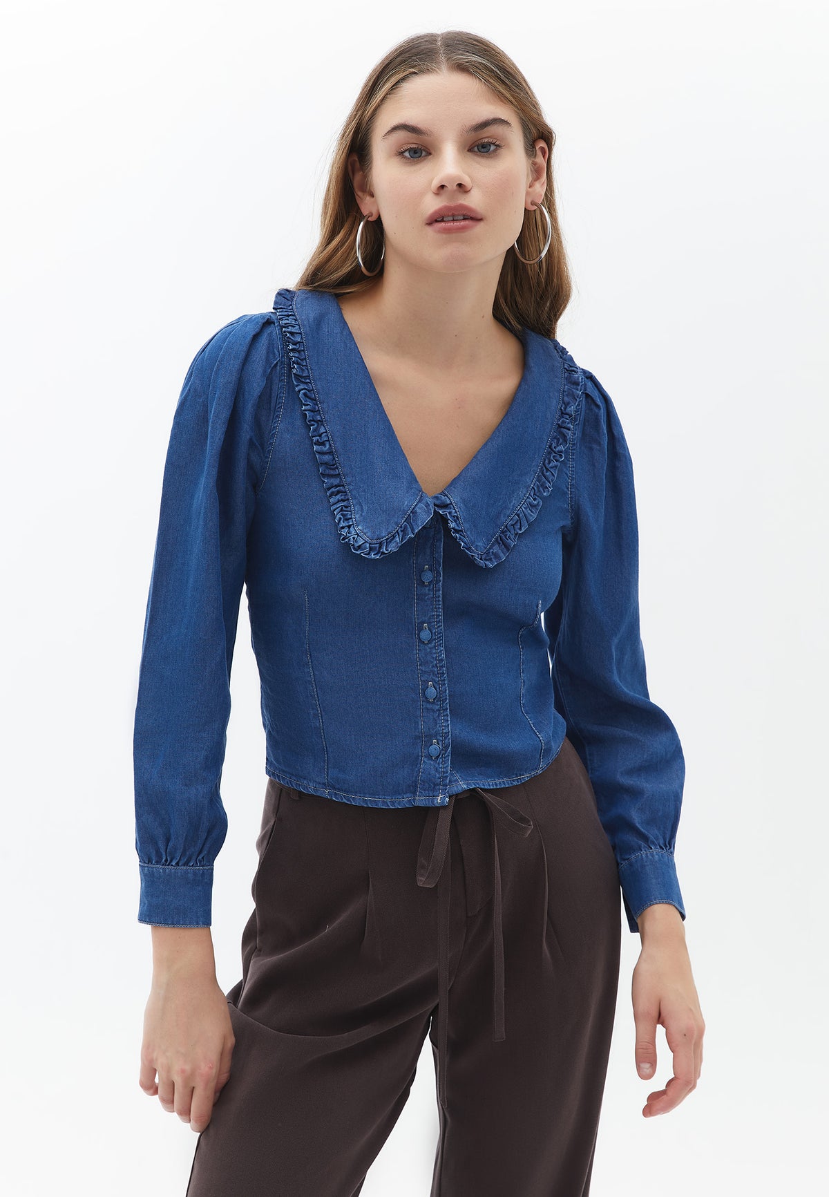 Deep Neck Ruffled Long Sleeve Blouse - MID DENIM