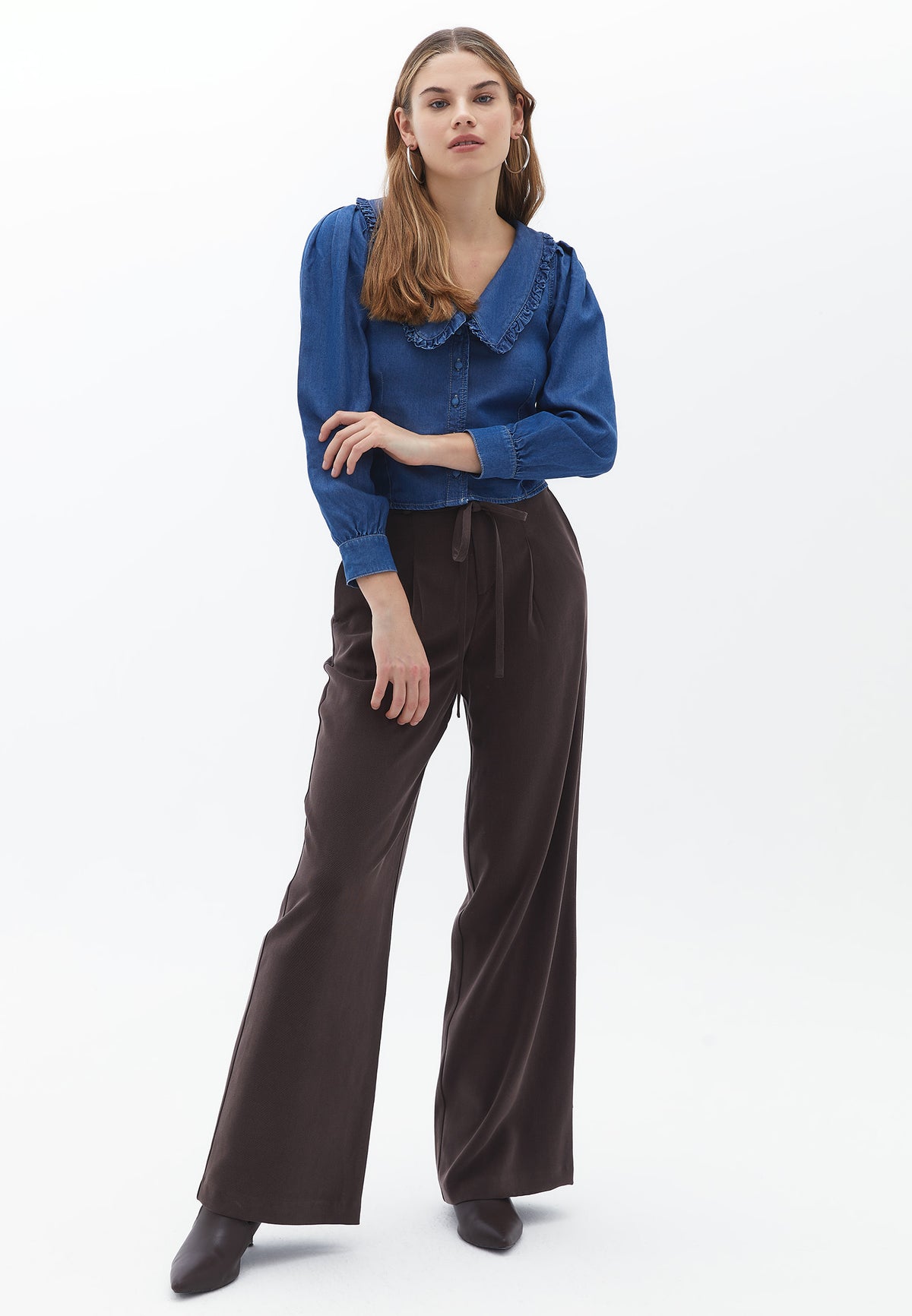 Deep Neck Ruffled Long Sleeve Blouse - MID DENIM