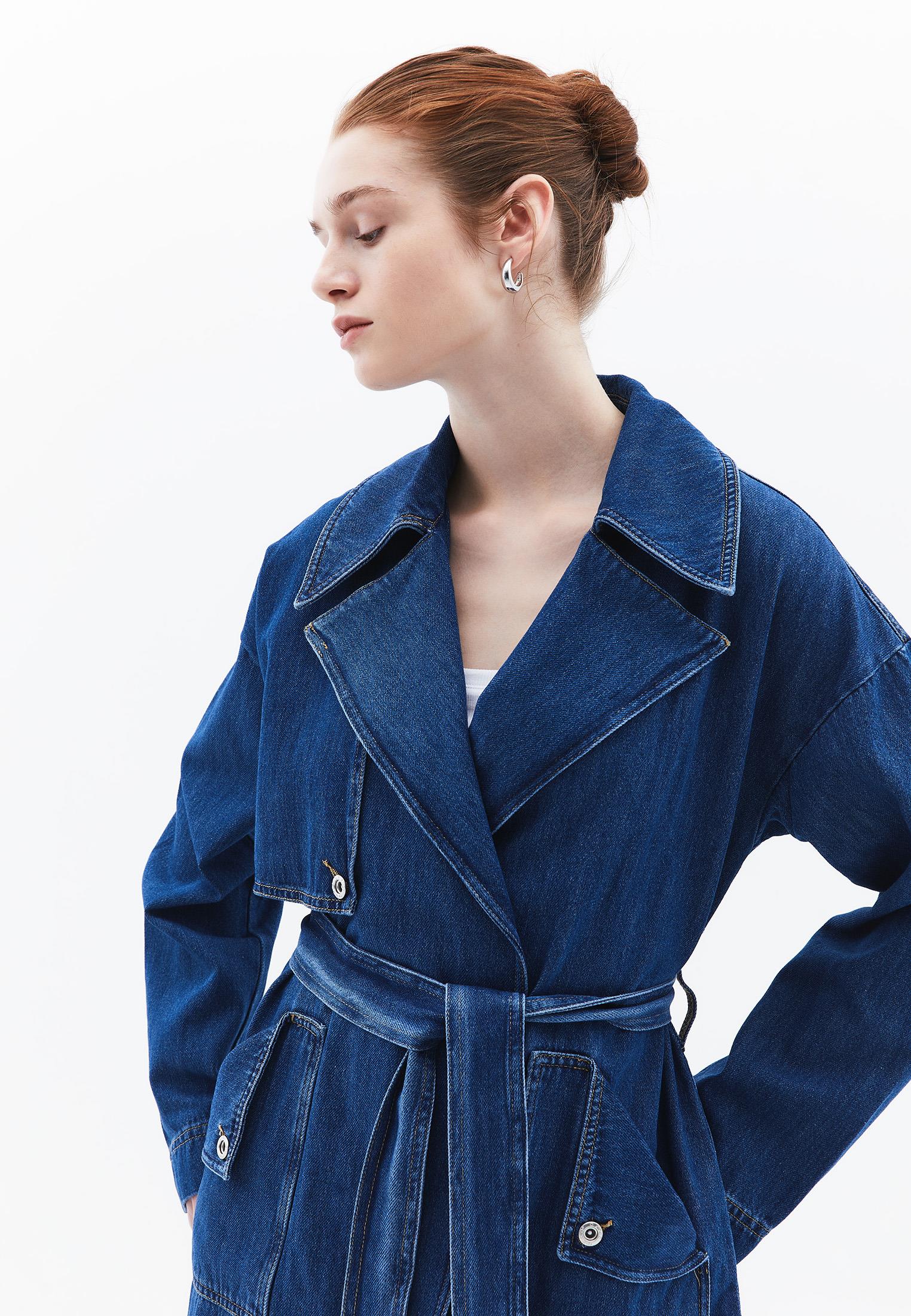 Oversize Long Denim Wrap Coat - MID DENIM