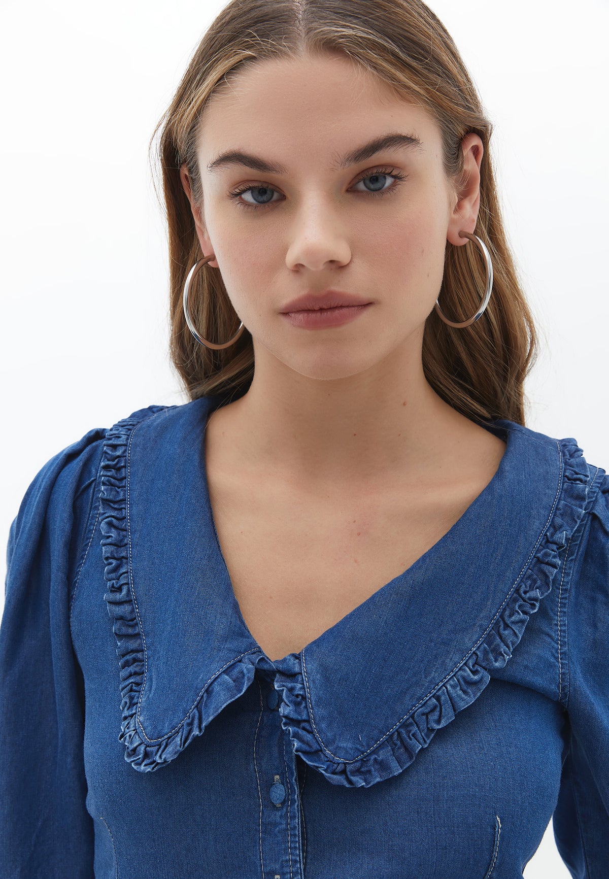 Deep Neck Ruffled Long Sleeve Blouse - MID DENIM