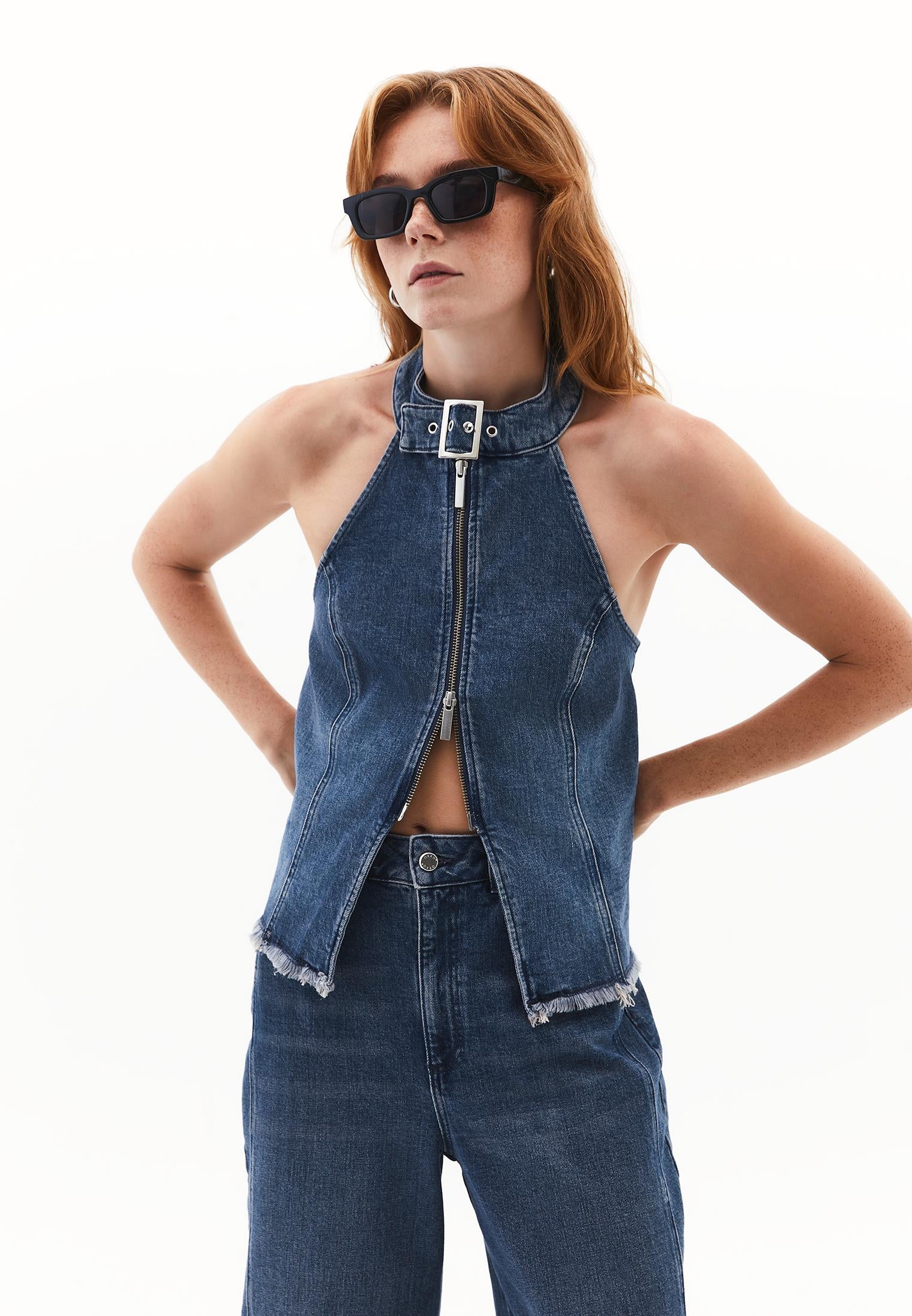 Halter Neck Zipper Detailed Standard Blouse - MID GREEN DENIM